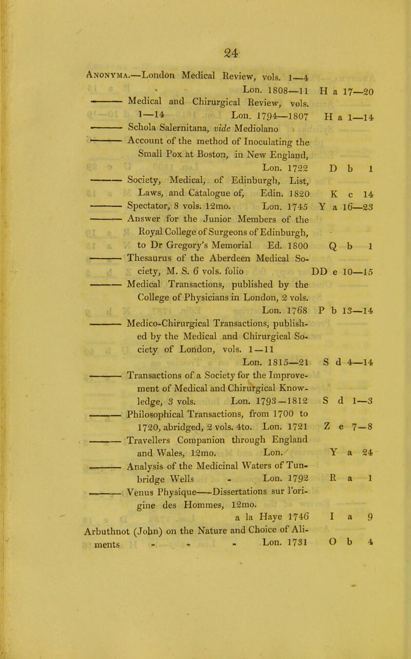 24- Anonyma.—London Medical Review, vols. 1 4 Lon. 1808—11 H a 17—20 - Medical and Chirurgical Review, vols. 1—14 Lon. 1794—1807 H a 1—14 ■■ Schola Salernitana, vide Mediolano • Account of the method of Inoculating the Small Pox at Boston, in New England, Lon. 1722 D b 1 Society, Medical, of Edinburgh, List, Laws, and Catalogue of, Edin. 1820 K c 14 Spectator, 8 vols. 12mo. Lon. 1745 Y a l6—23 Answer for the Junior Members of the Royal College of Surgeons of Edinburgh, : to Dr Gregory's Memorial Ed. 1800 Q b 1 ■— Thesaurus of the Aberdeen Medical So- ciety, M. S. 6 vols, folio DD e 10—15 Medical Transactions, published by the College of Physicians in London, 2 vols. Lon. 1768 P b 13—14 ■ Medico-Chirurgical Transactions, publish- ed by the Medical and Chirurgical So- ciety of London, vols. 1 —11 Lon. 1815—21 S d 4—14 Transactions of a Society for the Improve- ment of Medical and Chirurgical Know- ledge, 3 vols. Lon. 1793-1812 S d 1—3 Philosophical Transactions, from 17OO to 1720, abridged, 2 vols. 4to. Lon. 1721 Z e 7—8 Travellers Companion through England and Wales, 12mo. Lon. Y a 24 I Analysis of the Medicinal Waters of Tun- bridge Wells - Lon. 1792 R a 1 —— Venus Physique Dissertations sur I'ori- gine des Hommes, 12mo. a la Haye 1746 I a 9 Arbuthnot (John) on the Nature and Choice of Ali-
