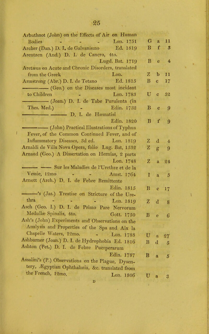 Arbuthnot (John) on the Effects of Air on Human Bodies - . _ Lon. 1751 Archer (Dan.) D. I, de Galvanismo Ed. 1819 Arentzen (And.) D. I. de Cancro, 4to. Lugd. Bat. 1719 Aretaeus on Acute and Chronic Disorders, translated from the Greek Lon. Armstrong (Abr.) D. I. de Tetano Ed. 1815 (Geo.) on the Diseases most incident to Children - Lon. 1783 (Joan.) D. 1. de Tabe Purulenta (in Thes. Med.) - Edin. 1732 ■ D. L de Haematisi Edin. 1820 ■ (John) Practicallllusti'ations of Typhus Fever, of the Common Continued Fever, and of Inflammatory Diseases, 3d ed. Lon. I8I9 Arnaldi de Villa Nova Opera, folio Lug. Bat. 1532 Arnaud (Geo.) A Dissertation on Hernias, 2 parts Lon. 1748 - Sur les Maladies de I'Urethre et de la Vessie, I2mo - - Amst. 1764 Arnott (Arch.) D. L de Febre Remittente Edin. 1815 *s (Jas.) Treatise on Stricture of the Ure- thra - . . Lon. 1819 Asch (Geo. I.) D. L de Primo Pare Nervorum Medulla; Spinalis, 4to. Gott. 1750 Ash's (John) Experiments and Observations on the Analysis and Properties of the Spa and Aix la Chapelle Waters, 12mo. - Lon. I788 Ashburner (Joan.) D. L de Hydrophobia Ed. I8I6 Ashton (Pet.) D. I. de Febre Puerperarum Edin. 1787 Assalini's (P.) Observations on the Plague, Dysen- tery, ^Egyptian Ophtlialinia, &c. translated from the French, 12mo. Lon. I8O6 D G a 11 B f 3 B e 4 Z b 11 B c 17 U c 32 B c 9 B f 9 Z d 4 Z S 9 Z a 24 I a 5 B c 17 rr Z d 8 B e 6 U a 27 B d 5 B a 5 U