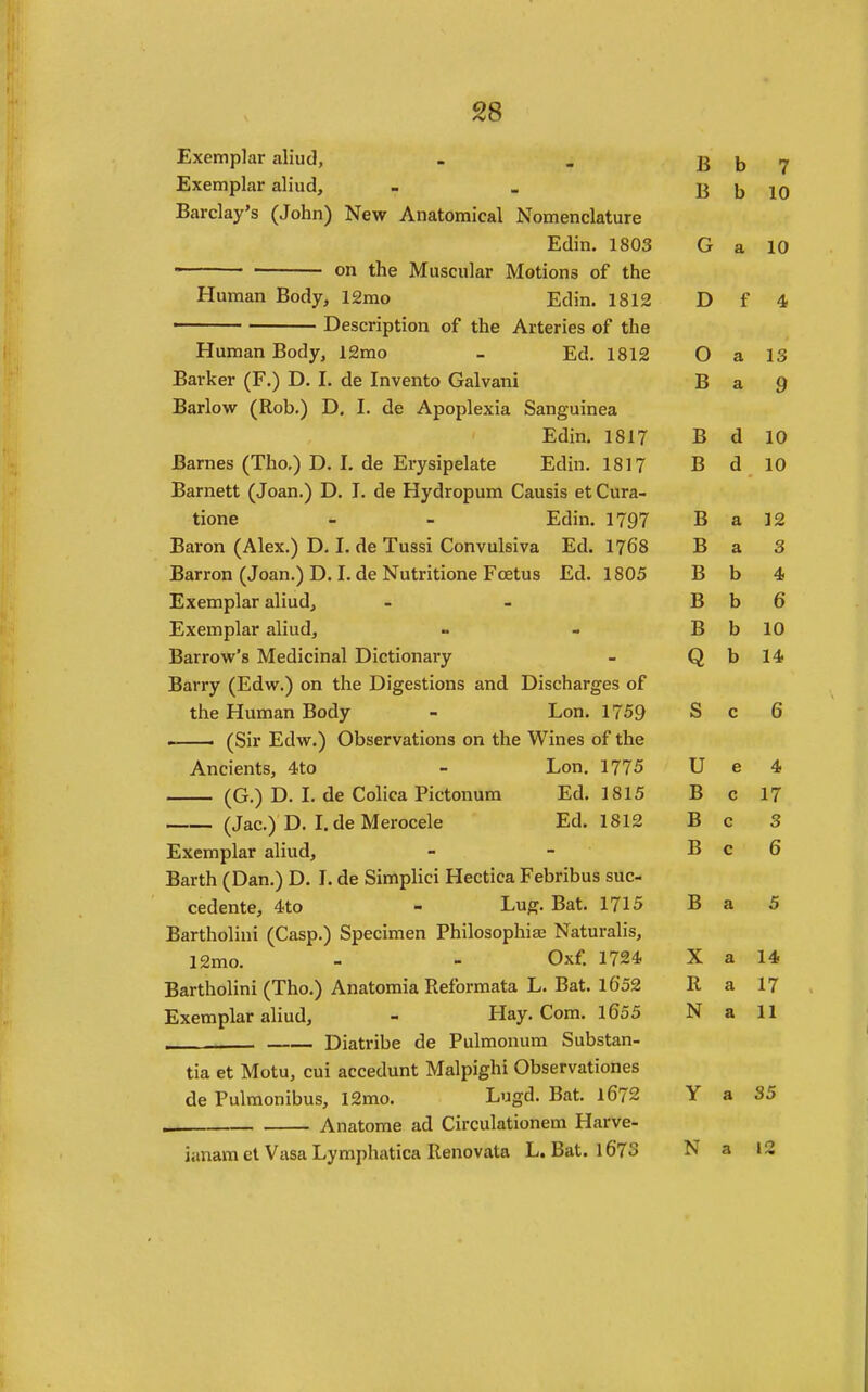 Exemplar aliud, Exemplar aliud, Barclay's (John) New Anatomical Nomenclature Edin. 1803 on the Muscular Motions of the Human Body, 12mo Edin. 1812 Description of the Arteries of the Human Body, 12mo - Ed. 1812 Barker (F.) D. I. de Invent© Galvani Barlow (Rob.) D, I. de Apoplexia Sanguinea Edin. 1817 Barnes (Tho.) D. I. de Erysipelate Edin. 1817 Barnett (Joan.) D. I. de Hydropum Causis et Cura- tione - - Edin. 1797 Baron (Alex.) D. I. de Tussi Convulsiva Ed. 1768 Barron (Joan.) D. I. de Nutritione FcEtus Ed. 1805 Exemplar aliud. Exemplar aliud. Barrow's Medicinal Dictionary Barry (Edw.) on the Digestions and Discharges of the Human Body - Lon. 1759 . (Sir Edw.) Observations on the Wines of the Ancients, 4to - Lon. 1775 (G.) D. I. de Colica Pictonum Ed. 1815 (Jac.) D. I.de Merocele Ed. 1812 Exemplar aliud, Barth (Dan.) D. I. de Simplici Hectica Febribus suc- cedente, 4to - Lug. Bat. 1715 Bartholini (Casp.) Specimen Philosophise Naturalis, 12mo. - - Oxf. 1724 Bartholini (Tho.) Anatomia Reformata L. Bat. l6o2 Exemplar aliud, - Hay. Com. 1655 Diatribe de Pulmonum Substan- tia et Motu, cui accedunt Malpighi Observationes de Pulmonibus, 12mo. Lugd. Bat. l672 . Anatome ad Circulationera Harve- ianam et Vasa Lymphatica Renovata L. Bat. 1673 B b 7 B b 10 G a 10 D f 4 0 a 13 B a 9 B 1 a 10 B d 10 B a 12 B a 3 B b 4 B b 6 T) b 10 Q D 1 A 14 S C 6 u e 4 B c 17 B c 3 B c 0 B a 5 X a 14 R a 17 N a 11 Y a 35