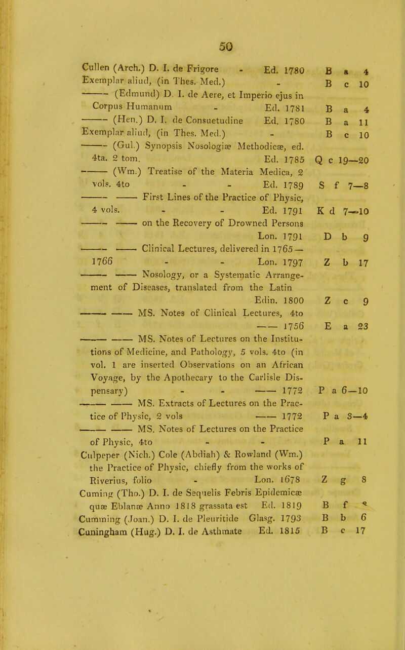 Cullen (Arch.) D. I. de Frigore - Ed. 1780 B a 4 Exemplar aliiul, (in Thes. Med.) - B c 10 (Edmund) D. I. de Aere, et Imperio ejus in Corpus Humanum - Ed. 1781 B a 4 (Hen.) D. I. de Consuetudine Ed. 1780 B a 11 Exemplar aliud, (in Thes. Med.) - B c 10 (Gul.) Synopsis Nosologiae Methodicas, ed. 4ta. 2 torn. Ed. 1785 Q c 19—20 (Wm.) Treatise of the Materia Medica, 2 vols. 4to . - Ed. 1789 S f 7—8 First Lines of the Practice of Physic, 4 vols. . - Ed. 1791 K d 7-»10 on the Recovery of Drowned Persons Lon. 1791 Dbg Clinical Lectures, delivered in 1765 — 1766 - - Lon. 1797 Z b 17 Nosology, or a Systematic Arrange- ment of Diseases, translated from the Latin Edin. 1800 Z c 9 — MS. Notes of Clinical Lectures, 4to 1756 E a 23 MS. Notes of Lectures on the Institu- tions of Medicine, and Pathology, 5 vols. 4to (in vol. 1 are inserted Observations on an African Voyage, by the Apothecary to the Carlisle Dis- pensary) - - 1772 P a 6—10 MS. Extracts of Lectures on the Prac- tice of Physic, 2 vols 1772 P a 3—4 MS. Notes of Lectures on the Practice of Physic, 4to - - P a 11 Cidpeper (Nich.) Cole (Abdiah) & Rowland (Wm.) the Practice of Physic, chiefly from the works of Riverius, folio - Lon. 1678 Cuming (Tho.) D. L de Seqnelis Febris Epidemicae quae Eblanse Anno 1818 grassata est Ed. I819 Cumming (Joan.) D. \. de Pleuritide Glasg. 1793 Cuninghara (Hug.) D. L de Asthmate Ed. 1815 z g 8 B f B b 6