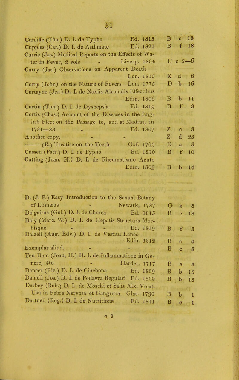si Cunlifle (Tho.) D. I. de Typho Ed. 1815 B c 18 Clippies (Car.) D. I. de Asthmate Ed. 1821 B f 18 Ciirrie (Jas.) Medical Reports on the Effects of Wa- ter in Fever, 2 vols - Liverp. 1804- U c 5- —0 Curry (Jas.) Observations on Apparent Death L,on. 1815 iv ,1 a c 0 Curry (John) on the Nature of Fevers Lon. 1775 D b 10 Curtayne (Jer.) D. I. de Noxiis Alcoholis Lttectibus Edin. 1806' B b 11 Curtm (Tim.) D. I. de Dyspepsia Ed. 1819 T> D c I 3 Curtis (Chas.) Account of the Diseases in the Eng- lish Fleet on the Passage to, and at Madras, in 1781—83 - Ed. 1807 rr Z C 3 Another copy, Z d 23 (R.) Treatise on the Teeth 0.\f. 1769 D a 3 Cussen (Patr.) D. I. de Typho Ed. 1820 B f 10 Cutting (Joan. H.) D. I. de Rheumatismo Acuto Lnin. I8O9 B b 14 D. (J. P.) Easy Introduction to the Sexual Botany ofLinnasus - Newark, 1787 G a 8 Dalgairns (Gul.) D. I. de Chorea Ed. 1815 B c 18 Daly (Marc. W.) D. I. de Hepatis Structura Mor- bisque - - Ed. 1819 B f 3 Dalzell (Aug. Edv.) D. I. de Vestitu Laneo Edin. 1812 B c 4 Exemplar aliud, B c 8 Ten Dam (Joan. H.) D. I. de Inflammatione in Ge- nere, 4to - Harder. 1717 B e 4 uancer (^Kic.j u. 1. cie Cincnona licl. I8O9 B b 15 Daniell (Jos.) D. I. de Podagra Regulari Ed. ISO9 B b 15 Darbey (Rob.) D. I. de Moschi et Salis Alk. Volat. Usu in Febre Nervosa et Gangrena Glas. 1790 B b 1 Dartnell (Rog.) D. I. de Nutritione Ed. 18U B c 1