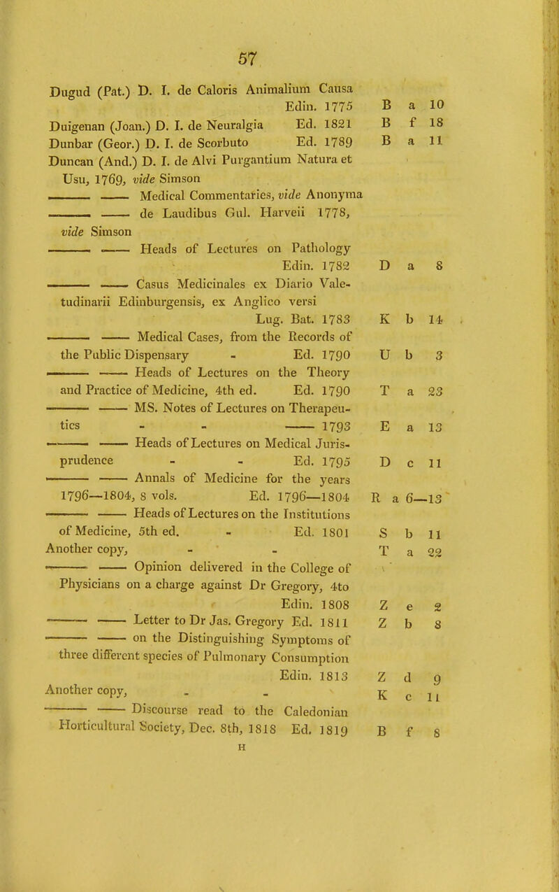 Dugud (Pat.) D. I. de Caloris Aniraalium Causa Edin, 1775 B a 10 Duigenan (Joan.) D. I. de Neuralgia Ed. 1821 B f 18 Dunbar (Geor.) D. I. de Scorbuto Ed. 1789 B a 11 Duncan (And.) D. I. de Alvi Purgantium Natura et Usu, 1769, vide Simson , Medical Commentaries, vide Anonyraa de Laudibus Gul. Harveii 1778, vide Simson —. Heads of Lectures on Pathology Edin. 1782 ■ ■ Casus Medicinales ex Diario Vale- tudinarii Edinburgensis, ex Anglico versi Lug. Bat. 1783 Medical Cases, from the Records of the Public Dispensary - Ed. 17gO —— —— Heads of Lectures on the Theory and Practice of Medicine, 4th ed. Ed. 1790 MS. Notes of Lectures on Therapeu- tics - - 1793 ■ Heads of Lectures on Medical Juris- prudence - - Ed. 1795 Annals of Medicine for the years 1796—1804, 8 vols. Ed. 1796—1804 Heads of Lectures on the Institutions of Medicine, 5th ed. - Ed. 1801 Another copy, Opinion delivered in the College of Physicians on a charge against Dr Gregory, 4to Edin. 1808 Letter to Dr Jas. Gregory Ed. 1811 on the Distinguishing Symptoms of three different species of Pulmonary Consumption Edin. 1813 Another copy, Discourse read to the Caledonian Horticultural Society, Dec. 8th, 1818 Ed, 1819 D a 8 JlV b 14 TT b 3 T a 23 E a 13 D c 11 R a 6—13 S b 11 T a 22 Z e 2 Z b 8 Z d 9 K c 11
