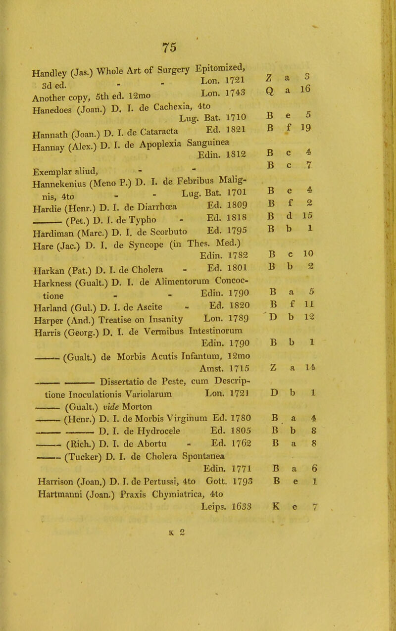 Handley (Jas.) Whole Art of Surgery Epitomized, 7^ J - - Lon. 1721 Z a o Another copy. 5th ed. 12mo Lon. 1743 Q a Hanedoes (Joan.) D. I. de Cachexia, 4to Lug. Bat. 1710 B e 5 Hannath (Joan.) D. L de Cataracta Ed. 1821 B fl9 Hannay (Alex.) D. L de Apoplexia Sanguinea ' ^ Edin. 1812 B c 4 Exemplar aliud, -  B c 7 Hannekenius (Meno P.) D. L de Febribus Malig- nis, 4to - - Lug. Bat. 1701 B e 4 Hardie (Henr.) D. L de Diarrhcea Ed. 1809 B t ^ (Pet.) D. I. de Typho - Ed. 1818 B d 15 Hardiman (Marc.) D. I. de Scorbuto Ed. 1795 B b 1 Hare (Jac.) D. I. de Syncope (in Thes. Med.) Edin. 1782 B c 10 Harkan (Pat.) D. L de Cholera - Ed. 1801 B b 2 Harkness (Gualt.) D. L de Alimentorum Concoc- tione - - Edin. 1790 B a 5 Harland (Gul.) D. L de Ascite - Ed. 1820 B f 11 Harper (And.) Treatise on Insanity Lon. 1789 D b 12 Harris (Georg.) D. L de Vermibus Intestinorum Edin. 1790 B b 1 (Gualt.) de Morbis Acutis Infantmn, 12mo Amst. 1715 Z a 14 Dissertatio de Peste, cum Descrip- tione Inoculationis Variolarum Lon. 1721 D b 1 (Gualt.) vide Morton (Henr.) D. L de Morbis Virginum Ed. 1780 B a 4 D. L de Hydrocele Ed. 1805 B b 8 (Rich.) D. I. de Abortu - Ed. 1762 B a 8 —— (Tucker) D. L de Cholera Spontanea Edin. 1771 B a 6 Harrison (Joan.) D. I. de Pertussi, 4to Gott. 1793 Bel Hartmanni (Joan.) Praxis Chymiatrica, 4to Leips. 1633 K e 7 K 2