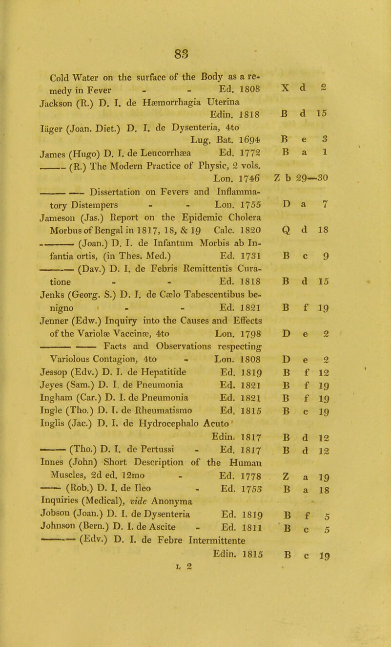 Cold Water on the surface of the Body as a re- medy in Fever - - Ed. 1808 X d 2 Jackson (R.) D. I. de Haemorrhagia Uterina Edin. 1818 B d 15 lager (Joan. Diet.) D, I. de Dysenteria, 4to Lug. Bat. 1694 B e 3 James (Hugo) D. I. de Leucorrhaea Ed. 1772 B a 1 (R.) The Modern Practice of Physic, 2 vols. Lon. 1746 Z b 29—30 Dissertation on Fevers and Inflamma- lOry J-ZloLdlllJCl 0 XjUiJa ± f \J%J a 7 Morbus of Bengal in 1817, 18, & 19 Calc. 1820 Q d 18 fantia ortis ^in Thes. Med.) Ed. 1731 B c Q tione - - Ed. 1818 B d 15 Jenks (Georg. S.) D. I. de Casio Tabescentibus be- niffno - - Ed. 1821 B f IQ Tpnner ^Edw.^ Innuirv into the Causes and FifFerts n At — —— Facts and Observations resnectinff Variolous Contagion, 4'to - Lon. 1808 D e 2 Jessop (Edv.) D. J. de Hepatitide Ed. I8I9 B f 12 Jeyes (Sam.) D. I. de Pneumonia Ed. 1821 B f 19 Ingham (Car.) D. I. de Pneumonia Ed. 1821 B f 19 Ingle (Tho.) D. T. de Rheumatisrao Ed. 1815 B c 19 Inglis (Jac.) D. I. de Hydrocephalo Acuto' Edin. 1817 B d 12 (Tho.) D. L de Pertussi - Ed. 1817 B d 12 Innes (John) Short Description of the Human Muscles, 2d ed. 12mo - Ed. 1778 Z a 19 (Rob.) D. I. de Ileo - Ed. 1753 B a 18 Inquiries (Medical), vide Anonyma Jobson (Joan.) D. I. de Dysenteria Ed. I8I9 B f 5 Johnson (Bern.) D. L de Ascite - Ed. 1811 B c 5 (Edv.) D. I. de Febre Intermittente Edin. 1815 B c 19