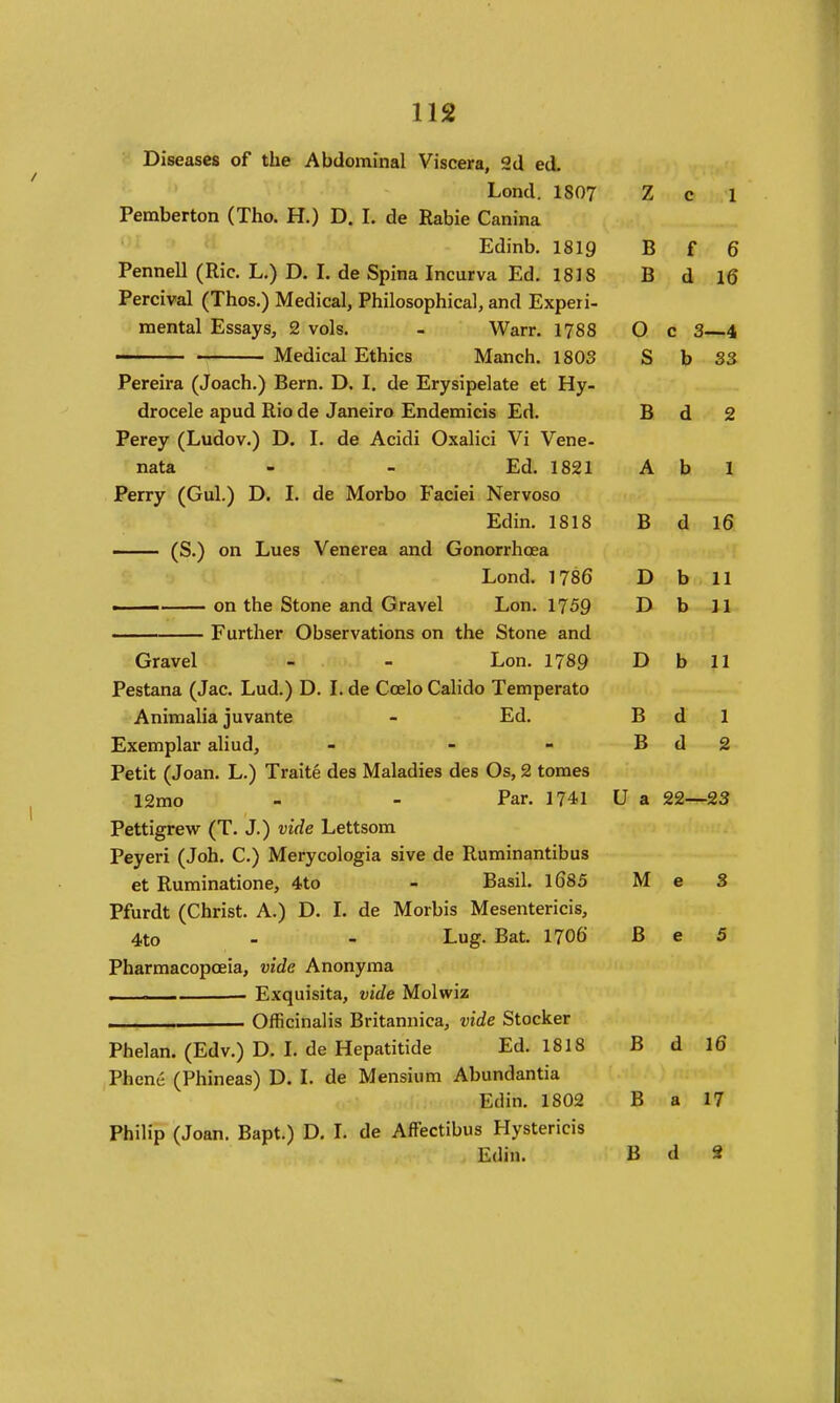 Diseases of the Abdominal Viscera, 2d ed. Lond, 1807 Z c 1 Pemberton (Tho. H.) D. I. de Rabie Canina Edinb. 18ig B f 6 Pennell (Ric. L.) D. I. de Spina Incurva Ed. 1818 B d 16 Percival (Thos.) Medical, Philosophical, and Experi- mental Essays, 2 vols. - Warr. 1788 O c 3—4 ' Medical Ethics Manch. 1803 S b S3 Pereira (Joach.) Bern. D. I, de Erysipelate et Hy- drocele apud Rio de Janeiro Endemicis Ed. B d 2 Percy (Ludov.) D. I. de Acidi Oxalici Vi Vene- nata - - Ed. 1821 A b 1 Perry (Gul.) D. I. de Morbo Faciei Nervoso Edin. 1818 B d 16 — (S.) on Lues Venerea and Gonorrhoea Lond. 1786 D b 11 . on the Stone and Gravel Lon. 1759 D b 11 Further Observations on the Stone and Gravel - - Lon. 1789 D b 11 Pestana (Jac. Lud.) D. L de Ccelo Calido Temperato Animalia juvante - Ed. B d 1 Exemplar aliud, - - - B d 2 Petit (Joan. L.) Traite des Maladies des Os, 2 tomes 12mo - - Par. 1741 U a 22—23 Pettigrew (T. J.) vide Lettsom Peyeri (Joh. C.) Merycologia sive de Ruminantibus et Ruminatione, 4to - Basil. l685 M e 3 Pfurdt (Christ. A.) D. L de Morbis Mesentericis, 4to - - Lug. Bat. 1706 B e 5 Pharmacopoeia, vide Anonyma . Exquisita, vide Molwiz , Officinalis Britannica, vide Stocker Phelan. (Edv.) D. L de Hepatitide Ed. 1818 B d I6 Phone (Phineas) D. L de Mensium Abundantia Edin. 1802 B a 17 Philip (Joan. Bapt.) D, L de AfFectibus Hystericis Edin. B d 2