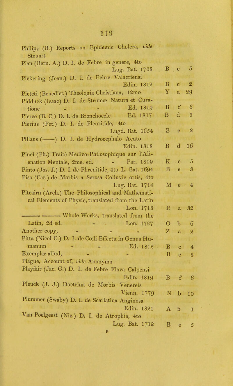 lis Philips (B.) Reports on Epidemic Cholera, vide Steuart Pian (Bern. A.) D. I. de Febre in genere, 4to Lug. Bat. 1708 . B e 5 Pickering (Joan.) D. I. de Febre Valacriensi Edin. 1812 B c 2 Picteti (Benedict.) Theologia Christiana, I2mo Y a 29 Pidduck (Isaac) D. I. de Struma? Natura et Cura- tione - - Ed. 1819 B f 6 Pierce (B. C.) D. I. de Bronchocele Ed. 1817 B d 3 Pierius (Pet.) D. I. de Pleuritide, 4.to Lugd. Bat. 1654. B e 3 Pillans ( ) D. I. de Hydrocephalo Acuto Edin. 1818 B d l6 Pinel (Ph.) Traite Medico-Philosophique sur 1'Ali- enation Mentale, 2me. ed. - Par. 1809 K c 5 Pinto (Jos. J.) D. I.de Phrenitide, 4to L. Bat. l694 B e 3 Piso (Car.) de Morbis a Serosa Colluvie ortis, 4to Lug. Bat. 1714 M e 4 Pitcairn (Arch.) The Philosophical and Mathemati- cal Elements of Physic, translated from the Latin Lon. 1718 R a 32 ' Whole Works, translated from the Latin, 2d ed. - Lon. 1727 Ob 6 Another copy, - - - Z a 2 Pitta (Nicol C.) D. L de Cceli Effectu in Genus Hu- manum - - Ed. 1812 B c 4 Exemplar aliud, - - B c 8 Plague, Account of, vide Anonyma Playfair (Jac. G.) D. L de Febre Flava Calpensi Edin. 1819 B f 6 Pleuck (J. J.) Doctrina de Morbis Venereis Vienn. 1779 N b 10 Plummer (Swaby) D. 1. de Scarlatina Anginosa Edin. 1821 A b 1 Van Poelgeest (Nic.) D. L de Atrophia, 4to