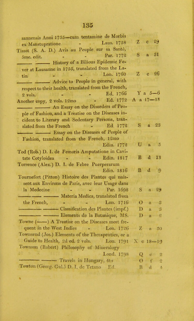 1S5 sannensis Anni 1755—cum tentatnine de Morbis ex Manatupratione - Laus. 1758 Z c 29 Tissot (S. A. D.) Avis au Peuple sur sa Sante, 5me.edit. - - Par. 1772 S a 31 . History of a Bilious Epidemic Fe- ver at Lausanne in 1755, translated from the La- tin . - Lon. 1760 Z c 26 Advice to People in general, with respect to their health, translated from the French, 2 vols. - - Ed. 1766 Y a 5—6 Another copy, 2 vols. 12mo - Ed. 1772 A a 17—18 An Essay on the Disorders of Peo- ple of Fashion, and a Treatise on the Diseases in- cident to Literary and Sedentary Persons, tran- slated from the French - Ed. 1772 S a 23 Essay on the Diseases of People of Fashion, translated from the French, 12mo Edin. 1772 U a 5 Tod (Rob.) D. L de Femoris Amputatione in Cavi- tate Cotyloidea - - Edin. 1817 B d IS Torrence (Alex.) D. L de Febre Puerperarum Edin. ISI6 B d 9 Tournefort (Pitton) Histoire des Plantes qui nais- sent aux Environs de Paris, avec leur Usage dans la Medecine - - Par, I698 S a 29 — Materia Medica, translated from the French, - - Lon. 1716 O a 3 ■ ■ ■ ■ Classification des Plantes (impf.) D a 3 Elements de la Botanique, MS. D Towne ( ) A Treatise on the Diseases most fre- quent in the West Indies - Lon. I726 Z a 30 Townsend (Jos.) Elements of the Therapeutics, or a Guide to Health, 2d ed. 2 vols. Lon. 1791 X c 18—ig Townson (Robert) Philosophy of Mineralogy Lond. 179s Q c 2 — Travels in Hungary, 4to O f 2 Towton (Gcoig. Gul.) D. I. do Tetano Yd B d 1