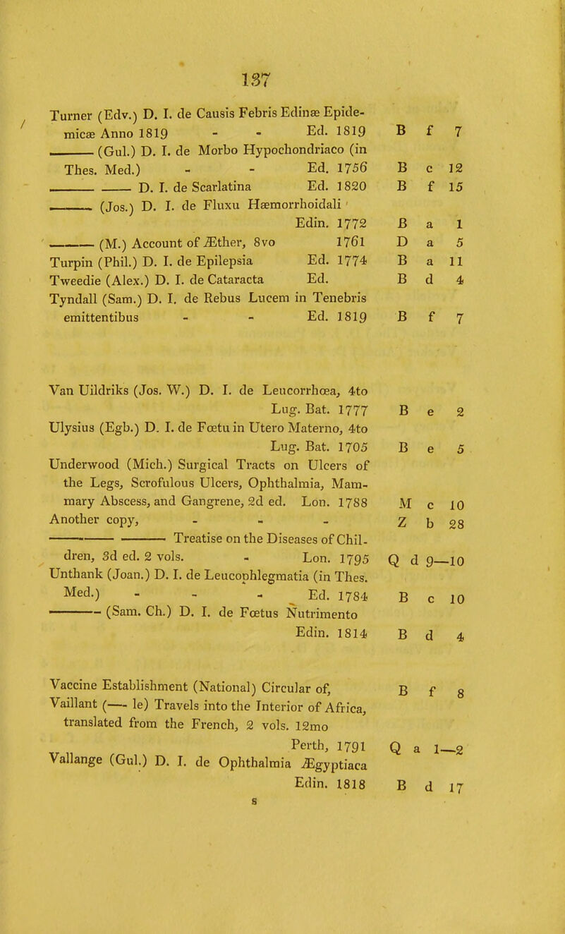 Turner (Edv.) D. I. de Causis Febris Edinas Epide- mic£e Anno 1819 - - Ed. 1819 B f 7 —— (Gul.) D. I. de Morbo Hypochondriaco (in Thes. Med.) - - Ed. 1756 B c 12 , D. I. de Scarlatina Ed. 1820 B f 15 . (Jos.) D. I. de Fluxu Haemorrhoidali' Edin. 1772 B a I (M.) Account of ^tlier, 8 vo 1761 D a 5 Turpin (Phil.) D. I. de Epilepsia Ed. 1774 B a 11 Tweedie (Alex.) D. I. de Cataracta Ed. B d 4 Tyndall (Sam.) D. I, de Rebus Lucem in Tenebris emittentibus - - Ed. 1819 B f 7 Van Uildriks (Jos. W.) D. I. de Leucorrhoea, 4to Lug. Bat. 1777 B e 2 Ulysius (Egb.) D. I. de Fcetu in Utero Materno, 4to Lug. Bat. 1705 B e 5 Underwood (Mich.) Surgical Tracts on Ulcers of the Legs, Scrofulous Ulcers, Ophthalmia, Mam- mary Abscess, and Gangrene, 2d ed. Lon. 1788 M c 10 Another copy, - - - Z b 28 ■ Treatise on the Diseases of Chil- dren, 3d ed. 2 vols. - Lon. 1795 Q d 9 10 Unthank (Joan.) D. I. de Leucophlegmatia (in Thes. Med.) - - - Ed. 1784 B c 10 ——- (Sam. Ch.) D. L de Foetus Nutrimento Edin. 1814 B d 4 Vaccine Establishment (National) Circular of, B f 8 Vaillant (— le) Travels into the Interior of Africa, translated from the French, 2 vols. 12mo Perth, 1791 Q a 1—2 Vallange (Gul.) D. I. de Ophthalmia .Egyptiaca Edin. 1818 B d 17