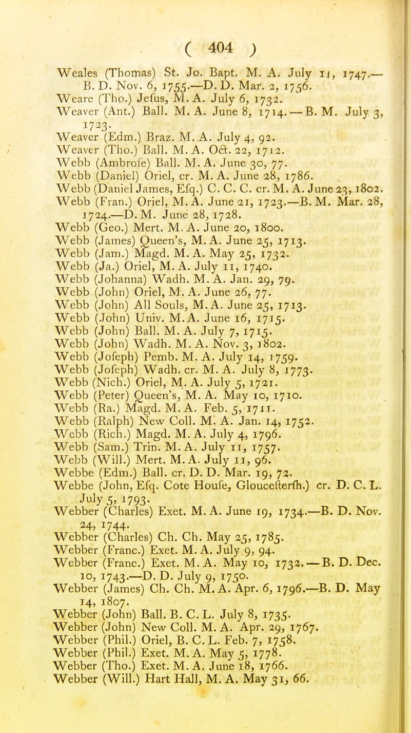 Weales (Thomas) St. Jo. Bapt. M. A. July u, 1747.— B. D. Nov. 6, 1755.—D. D. Mar. 2, 1756. Weare (Tho.) Jefus, M. A. July 6, 1732. Weaver (Ant.) Ball. M. A. June 8, 1714. —B.M. July 3, 1723. Weaver (Edm.) Braz. M. A. July 4, 92. Weaver (Tho.) Ball. M. A. Oft. 22, 1712. Webh (Ambrol'e) Ball. M. A. June 30, 77. Webb (Daniel) Oriel, cr. M. A. June 28, 1786. Webb (Daniel James, Efq.) C. C. C. cr. M. A. June 23, 1802. Webb (Fran.) Oriel, M. A. June 21, 1723.—B. M. Mar. 28, 1724.—D.M. June 28,1728. Webb (Geo.) Mert. M. A. June 20, 1800. Webb (James) Queen's, M. A. June 25, 1713. Webb (Jam.) Magd. M. A. May 25, 1732. Webb (Ja.) Oriel, M. A. July 11, 1740. Webb (Johanna) Wadh. M. A. Jan. 29, 79. Webb (John) Oriel, M. A. June 26, 77. Webb (John) All Souls, M. A. June 25, 1713. Webb (John) Univ. M.A. June 16, 1715. Webb (John) Ball. M.A. July 7, 1715. Webb (John) Wadh. M. A. Nov. 3, 1802. Webb (Jofeph) Pemb. M.A. July 14, 1759. Webb (Jofeph) Wadh. cr. M. A. July 8, 1773. Webb (Nich.) Oriel, M. A. July 5, 1721. Webb (Peter) Queen's, M. A. May 10, 1710. Webb (Ra.) Magd. M.A. Feb. 5, 1711. Webb (Ralph) New Coll. M. A. Jan. 14, 1752. Webb (Rich.) Magd. M. A. July 4, 1796. Webb (Sam.) Trin. M.A. July ii, 1757. Webb (Will.) Mert. M.A. July 11, 96. Webbe (Edm.) Ball. cr. D. D. Mar. 19, 72. Webbe (John, Efq. Cote Houfe, Gloucefterfli.) cr. D. C. L. July 5, 1793. Webber (Charles) Exet. M. A. June 19, 1734.—B. D. Nov. 24, 1744. Webber (Charles) Ch. Ch. May 25, 1785. Webber (Franc.) Exet. M. A. July 9, 94. Webber (Franc.) Exet. M.A. May 10, 1732. — B. D. Dec. 10, 1743.—D. D. July 9, 1750. Webber (James) Ch. Ch. M.A. Apr. 6, 1796.—B. D. May 14, 1807. Webber (John) Ball. B. C. L. July 8, 1735. Webber (John) New Coll. M. A. Apr. 29, 1767. Webber (Phil.) Oriel, B. C. L. Feb. 7, 1758. Webber (Phil.) Exet. M.A. May 5, 1778. Webber (Tho.) Exet. M. A. June 18, 1766. Webber (Will.) Hart Hall, M. A. May 31, 66.