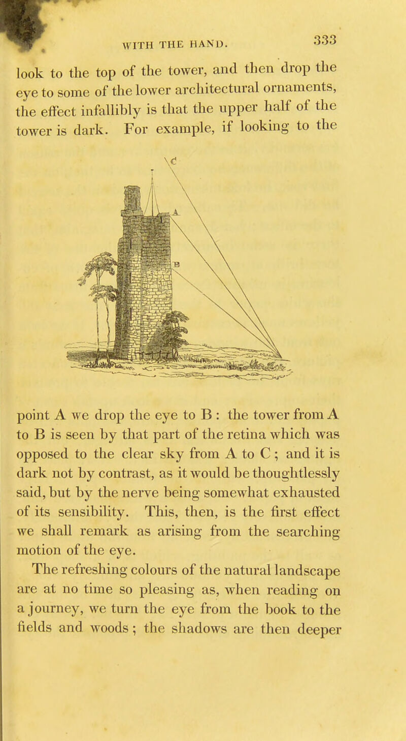 look to the top of the tower, and then drop the eye to some of the lower architectural ornaments, the effect infallibly is that the upper half of the tower is dark. For example, if looking to the point A we drop the eye to B : the tower from A to B is seen by that part of the retina which was opposed to the clear sky from A to C; and it is dark not by contrast, as it would be thoughtlessly said, but by the nerve being somewhat exhausted of its sensibility. This, then, is the first effect we shall remark as arising from the searching motion of the eye. The refreshing colours of the natural landscape are at no time so pleasing as, when reading on a journey, we turn the eye from the book to the fields and woods; the shadows are then deeper