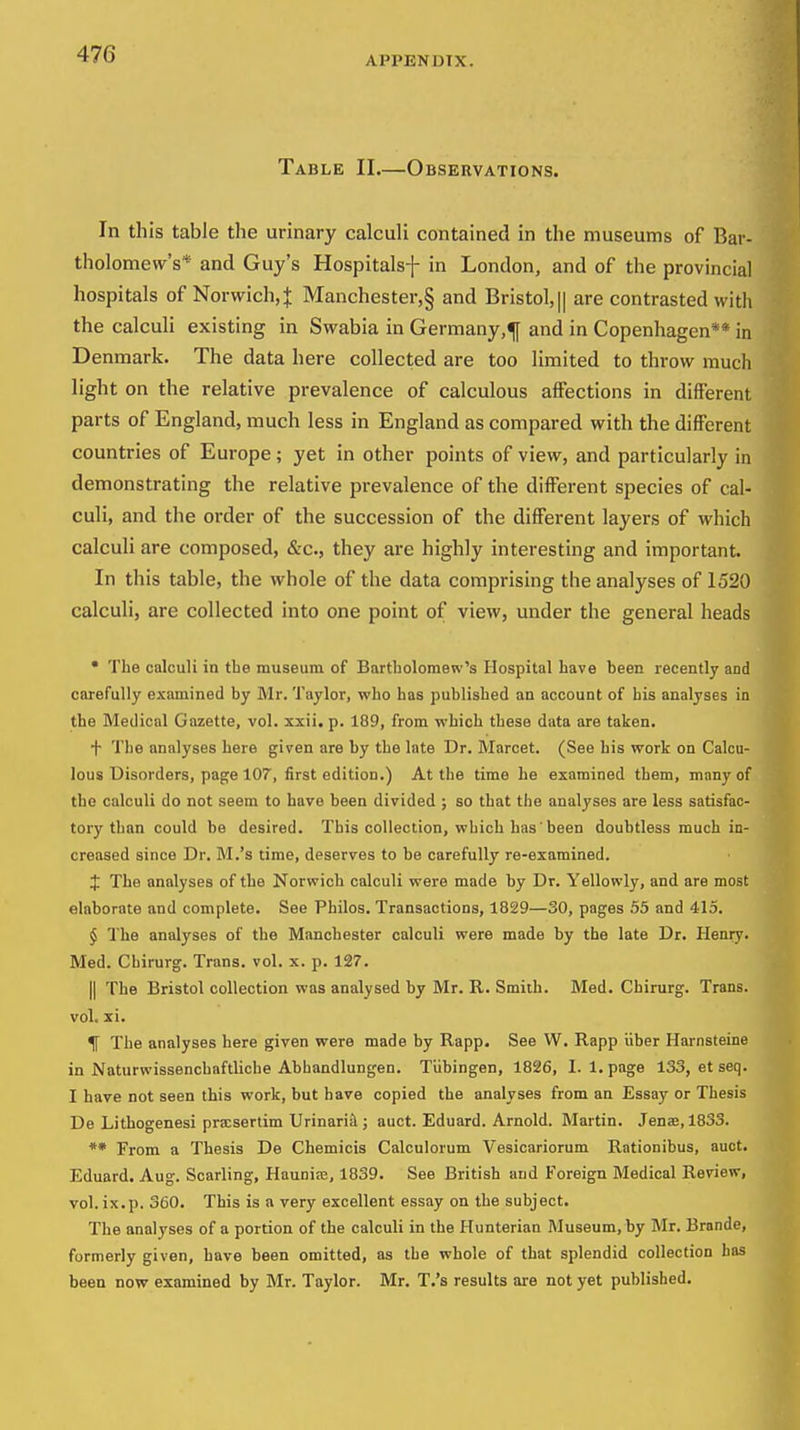 APPENDIX. Table II—Observations. In this table the urinary calculi contained in the museums of Bar- tholomew's* and Guy's Hospitals-]- in London, and of the provincial hospitals of Norwich,^ Manchester,§ and Bristol,|| are contrasted with the calculi existing in Swabia in Germany,^ and in Copenhagen** in Denmark. The data here collected are too limited to throw much light on the relative prevalence of calculous affections in different parts of England, much less in England as compared with the different countries of Europe; yet in other points of view, and particularly in demonstrating the relative prevalence of the different species of cal- culi, and the order of the succession of the different layers of which calculi are composed, &c., they are highly interesting and important. In this table, the whole of the data comprising the analyses of 1520 calculi, are collected into one point of view, under the general heads • The calculi in the museum of Bartholomew's Hospital have been recently and carefully examined by Mr. Taylor, who has published an account of his analyses in the Medical Gazette, vol. xxii. p. 189, from which these data are taken. t The analyses here given are by the late Dr. Marcet. (See his work on Calcu- lous Disorders, page 107, first edition.) At the time he examined them, many of the calculi do not seem to have been divided ; so that the analyses are less satisfac- tory than could be desired. This collection, which has'been doubtless much in- creased since Dr. M.'s time, deserves to be carefully re-examined. t The analyses of the Norwich calculi were made by Dr. Yellowly, and are most elaborate and complete. See Philos. Transactions, 1829—30, pages 55 and 415. § The analyses of the Manchester calculi were made by the late Dr. Henry. Med. Chirurg. Trans, vol. x. p. 127. 11 The Bristol collection was analysed by Mr. R. Smith. Med. Chirurg. Trans, vol. xi. % The analyses here given were made by Rapp. See W. Rapp iiber Harnsteine in Naturwissenchaftliche Abhandlungen. Tiibingen, 1826, 1. 1. page 133, et seq. I have not seen this work, but have copied the analyses from an Essay or Thesis De Lithogenesi prxsertim Urinaria ; auct. Eduard. Arnold. Martin. Jena2,1833. ** From a Thesis De Chemicis Calculorum Vesicariorum Rationibus, auct. Eduard. Aug. Scarling, Hauniae, 1839. See British and Foreign Medical Review, vol. ix.p. 360. This is a very excellent essay on the subject. The analyses of a portion of the calculi in the Hunterian Museum, by Mr. Brande, formerly given, have been omitted, as the whole of that splendid collection has been now examined by Mr. Taylor. Mr. T.'s results are not yet published.
