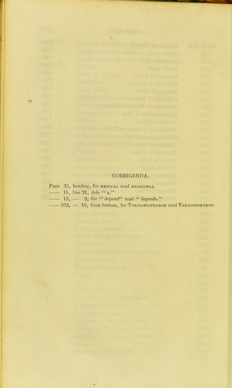 CORRIGENDA. Pa<je 35, heading, for medical read medicinal. 11, line 21, dele a. 13, — 2, for « depend read  depends. 592, — 10, from bottom, for Toxicondendron read Toxicodendron,