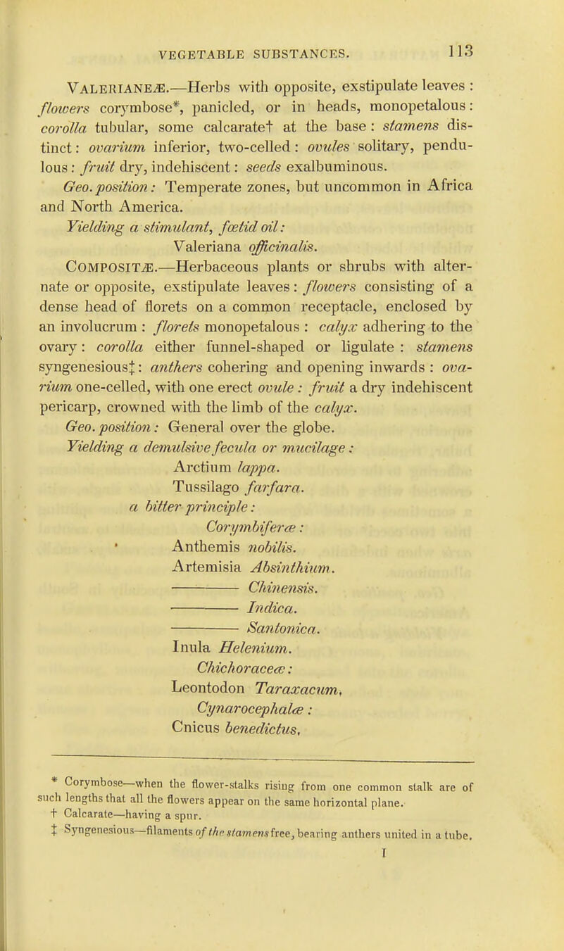 Valeriane^;.—Herbs with opposite, exstipulate leaves : flowers corymbose*, panicled, or in heads, monopetalous: corolla tubular, some calcaratet at the base: stamens dis- tinct : ovarium inferior, two-celled: ovules solitary, pendu- lous : fruit dry, indehiscent: seeds exalbuminous. Geo.position: Temperate zones, but uncommon in Africa and North America. Yielding a stimulant, foetid oil: Valeriana officinalis. Composite.—Herbaceous plants or shrubs with alter- nate or opposite, exstipulate leaves: flowers consisting of a dense head of florets on a common receptacle, enclosed by an involucrum : florets monopetalous : calyx adhering to the ovary: corolla either funnel-shaped or ligulate : stame?is syngenesiousj: anthers cohering and opening inwards : ova- rium one-celled, with one erect ovule: fruit a dry indehiscent pericarp, crowned with the limb of the calyx. Geo.position: General over the globe. Yielding a demulsive fecida or mucilage : Arctium lappa. Tussilago farfara. a bitter principle: Corymbiferae : Anthemis nobilis. Artemisia Absinthium. Chinensis. — Indica. ■ Santonica. Inula Helenium. Chichoracecc : Leontodon Taraxacum, Cynarocephal<s: Cnicus benedictus, * Corymbose—when the flower-stalks rising from one common stalk are of ch lengths that all the flowers appear on the same horizontal plane, t Calcarate—having a spur. J Syngenesious—filaments of thr stamens free, bearing anthers united in a tube. I