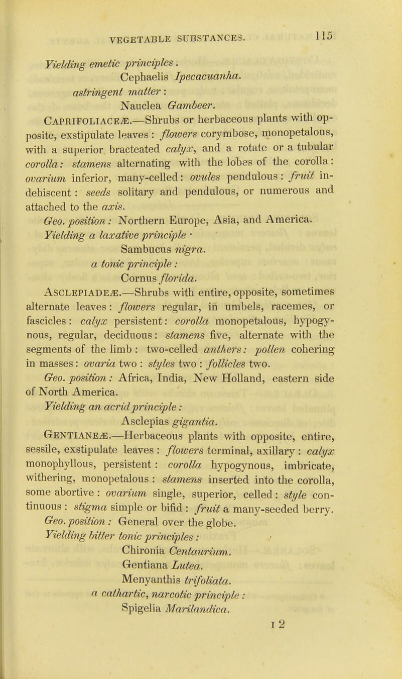 Yielding emetic principles. Cephaelis Ipecacuanha, astringent matter: Nauclea Gambeer. CAPRiFOLiACEiE.—Shrubs or herbaceous plants with op- posite, exstipulate leaves : flowers corymbose, monopetalous, with a superior bracteated calyx, and a rotate or a tubular corolla: stamens alternating with the lobes of the corolla: ovarium inferior, many-celled: ovules pendulous: fruit in- dehiscent : seeds solitary and pendulous, or numerous and attached to the axis. Geo. position: Northern Europe, Asia, and America. Yielding a laxative principle • Sambucus nigra, a tonic principle: Cornus florida. AscLEPiADEiE.—Shrubs with entire, opposite, sometimes alternate leaves: flowers regular, in umbels, racemes, or fascicles: calyx persistent: corolla monopetalous, hypogy- nous, regular, deciduous: stamens five, alternate with the segments of the limb : two-celled anthers: pollen cohering in masses: ovaria two : styles two : follicles two. Geo. position: Africa, India, New Holland, eastern side of North America. Yielding an acrid principle: Asclepias gigantia. Gentiane^e.—Herbaceous plants with opposite, entire, sessile, exstipulate leaves : flowers terminal, axillary : calyx monophyllous, persistent: corolla hypogynous, imbricate, withering, monopetalous : stamens inserted into the corolla, some abortive : ovarium single, superior, celled: style con- tinuous : stigma simple or bifid : fruit a many-seeded berry, Geo. position : General over the globe. Yielding bitter tonic principles: Chironia Centaurium,. Gentiana Lutea. Menyanthis trifoliata. a cathartic, narcotic principle : Spigelia Marilandica. I 2