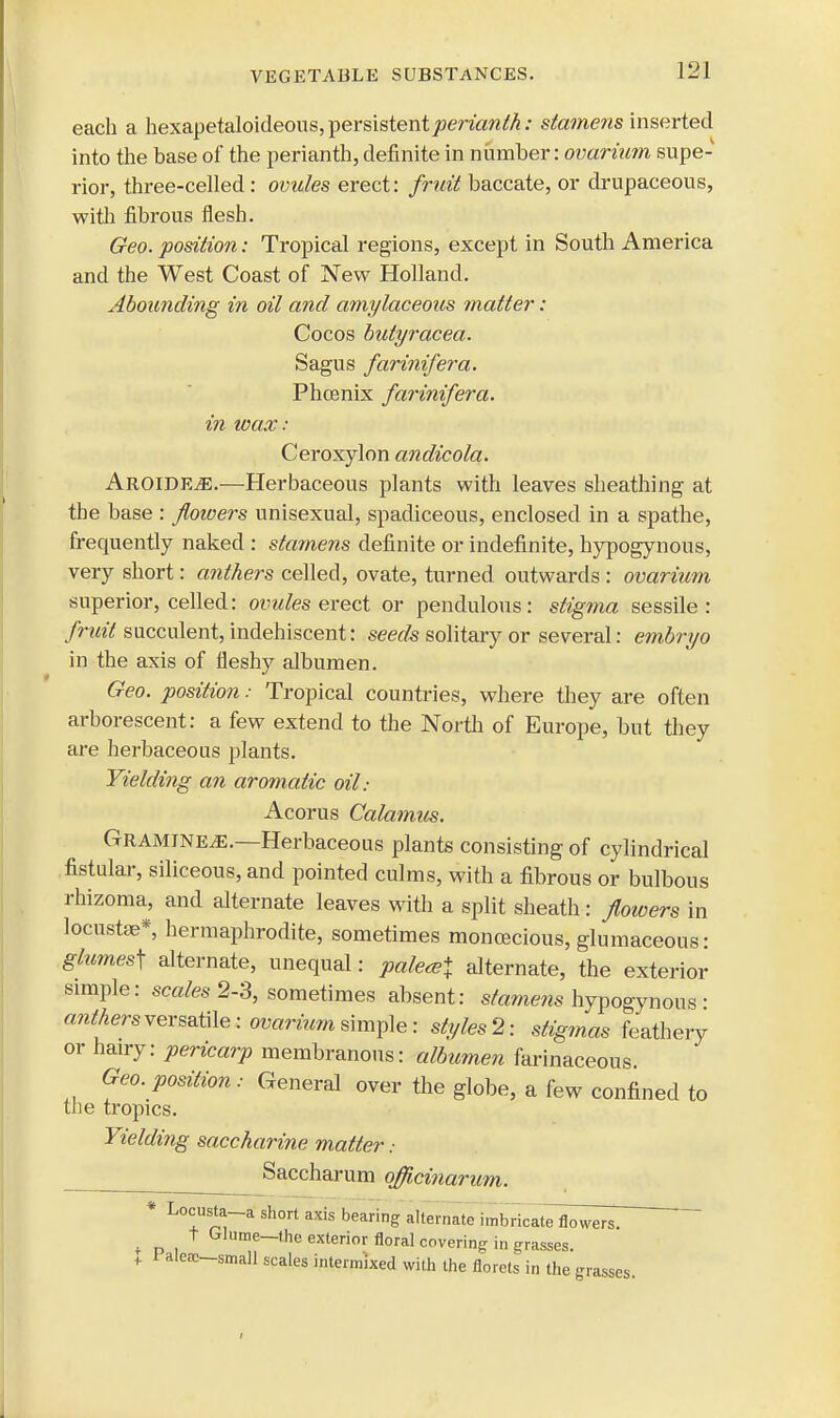 each a hexapetaloideous, persistent perianth: sta?nens inserted into the base of the perianth, definite in number: ovarium supe- rior, three-celled : ovules erect: fruit baccate, or drupaceous, with fibrous flesh. Geo. position: Tropical regions, except in South America and the West Coast of New Holland. Abounding in oil and amylaceous matter: Cocos butyracea. Sagus farinifera. Phoenix farinifera. in wax: Ceroxylon andicola. Arc-IDEjE.—Herbaceous plants with leaves sheathing at the base : flowers unisexual, spadiceous, enclosed in a spathe, frequently naked : stamens definite or indefinite, hypogynous, very short: anthers celled, ovate, turned outwards : ovarium superior, celled: ovules erect or pendulous : stigma sessile : fruit succulent, indehiscent: seeds solitary or several: embryo in the axis of fleshy albumen. Geo. position: Tropical countries, where they are often arborescent: a few extend to the North of Europe, but they are herbaceous plants. Yielding an aromatic oil.- Acorus Calamus. Gramine^.—Herbaceous plants consisting of cylindrical fistular, siliceous, and pointed culms, with a fibrous or bulbous rhizoma, and alternate leaves with a split sheath: flowers in locustae* hermaphrodite, sometimes monoecious, glumaceous: glumes] alternate, unequal: palest alternate, the exterior simple: scales 2-3, sometimes absent: stamens hypogynous • anthers versatile -.ovarium simple: styles 2: stigmas feathery or hairy: pericarp membranous: albumen farinaceous Geo. position: General over the globe, a few confined to the tropics. Yielding saccharine matter: Saccharum qfficinarum. Locusta-a short axis bearing alternate imbricate flowers, t Wume-the exterior floral covering in grasses. I l alecc-small scales intermixed with the florets in the grasses