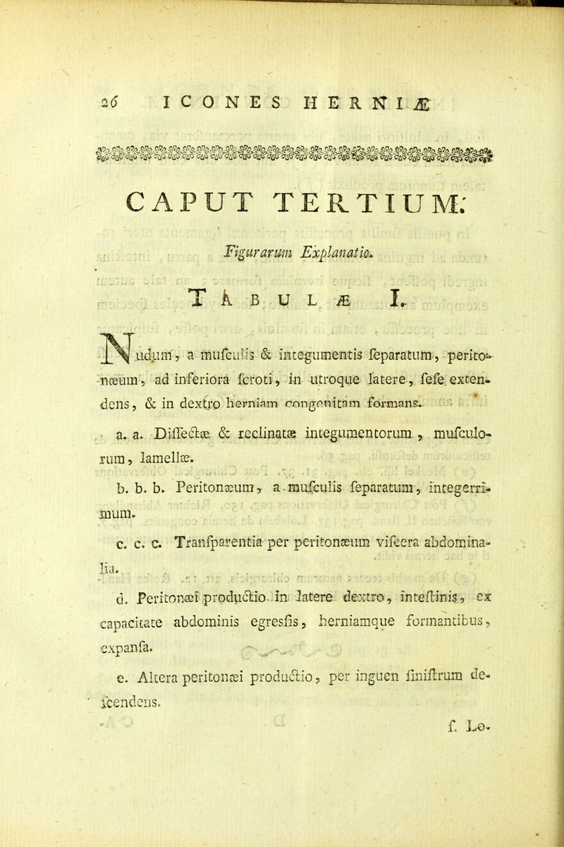 I 26 ICONES HERN I ^ CAPUT TER.TIUM; Figurarum Explanatio^ T i B U L ^ I. ^^N^udum , a inufcLilis & iiitegumentis feparatum , perito- nceum , ad inferiora feroti, in utroque latere, fefe exten- dens, & in dextro herniam congfnitam formans. a. a. DilTeclce & reclinat^ integumentorum, y mufculo- rura, lamellas. b. b. b. Peritonfeuniy a mufculis feparatum, integerrl^ mum. c. c, c. Tranfparentia per peritonoeum vifcera abdomina- lia. , . . , ' - .ii.o n ■ d. PeritOK£Bi produclio in latere dextro, inteilinis , ex capacitate abdominis egresfis, herniamque formantibos? cxpanfa. - e. Altera peritonsi produclio, per iiiguen finiflrum de- icendeiis. f. Lo-
