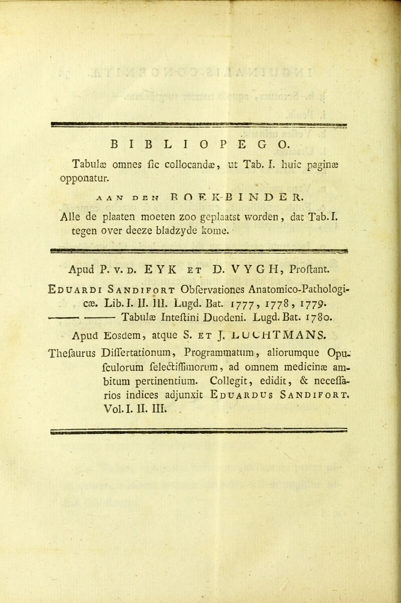 B I B L I O P E G O. Tabulas omnes iic collocand^, ut Tab. I. huic paginse opponatur. AAMDEN BOKKBINDER. Alle de plaaten moeten zoo geplaatst worden, dat Tab.I. tegen over deeze bladzyde kome. Apud P. V. D. E Y K ET D. V Y G H, Proftant. Eduardi Sandifort Obfervationes Anatomico-Pathologi- cas. Lib.I. II. 111. Lugd. Bat. 1777, 1778, 1779- Tabul^ Inteflini Duodeni. Lugd. Bat. 1780.. Apud Eosdem, atque S. et J. u UHTM ANS. Thefauriis Differtationum, Programmatum, aliorumque Opu- fculorum felecliffimorum, ad omnem medicinse am- bitum pertinentium. CoUegit, edidit, & neceffa- rios indices adjunxit Eduardus Sandifort.