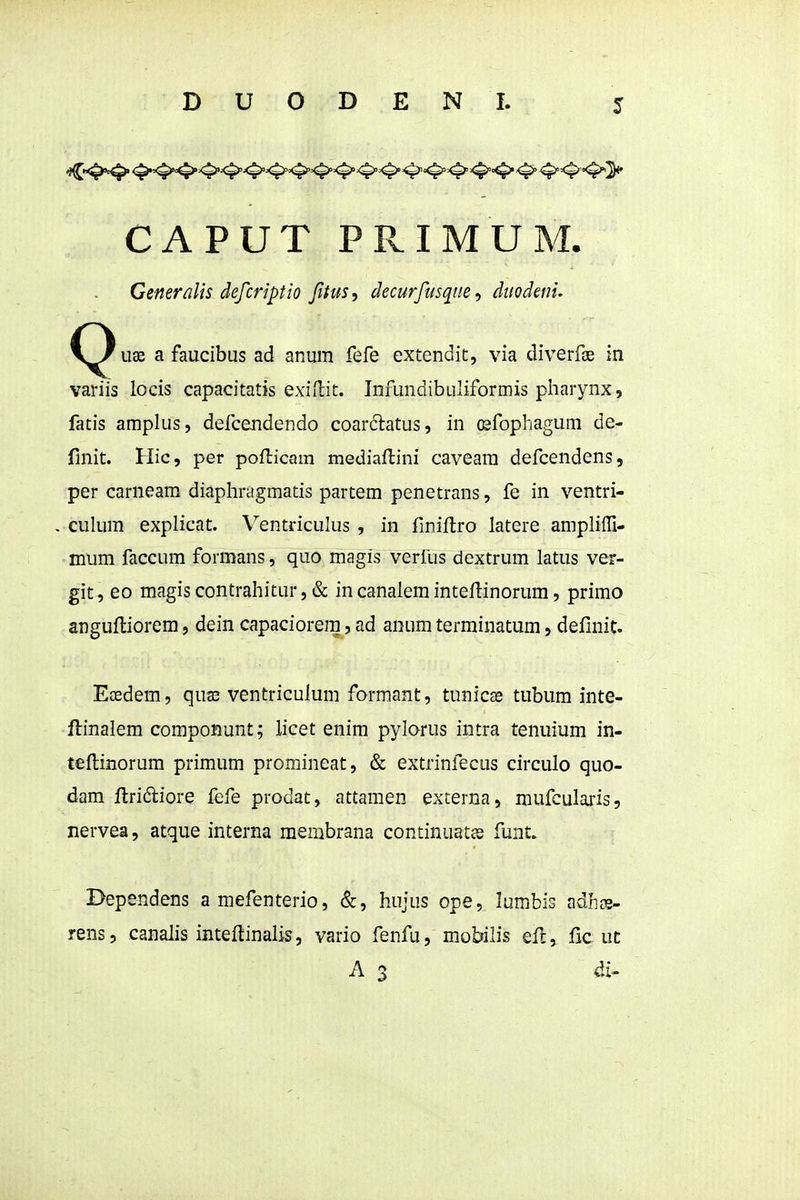 CAPUT PRIMUM. Ceneralis defcriptio fius, decurfisqneduodeni. ^ faucibus ad anum fefe extendit, via diverfije in variis locis capacitatis exiilit. Infundibuliformis pharynx, fatis amplus, defcendendo coardatus, in cefophagum de- fmit. Hic, per ponricara mediaftini caveam defcendens, per carneam diaphragmatis partem penetrans, fe in ventri- , culum explicat. Ventriculus , in fmiftro latere amplilH- mum faccum formans, quo magis verllis dextrum latus ver- git, eo magis contrahitur, & in canalem inteftinorum, primo angufliorem, dein capaciorem, ad animi terminatum, definit. EjEdem, quss ventricuium formant, tunicae tubum inte- ftinalem componunt; licet enim pylorus intra tenuium in- teflinorum primum promineat, & extrinfecus circulo quo- dam ftridliore fefe prodat, attamen externa, mufcularis, nervea, atque interna membrana continuatcs funt. Dependens amefenterio, &, hujus ope, lumbis adhre- rens, canalis inteftinalis, vario fenfu, mobilis efl, fic ut A 3 4i.