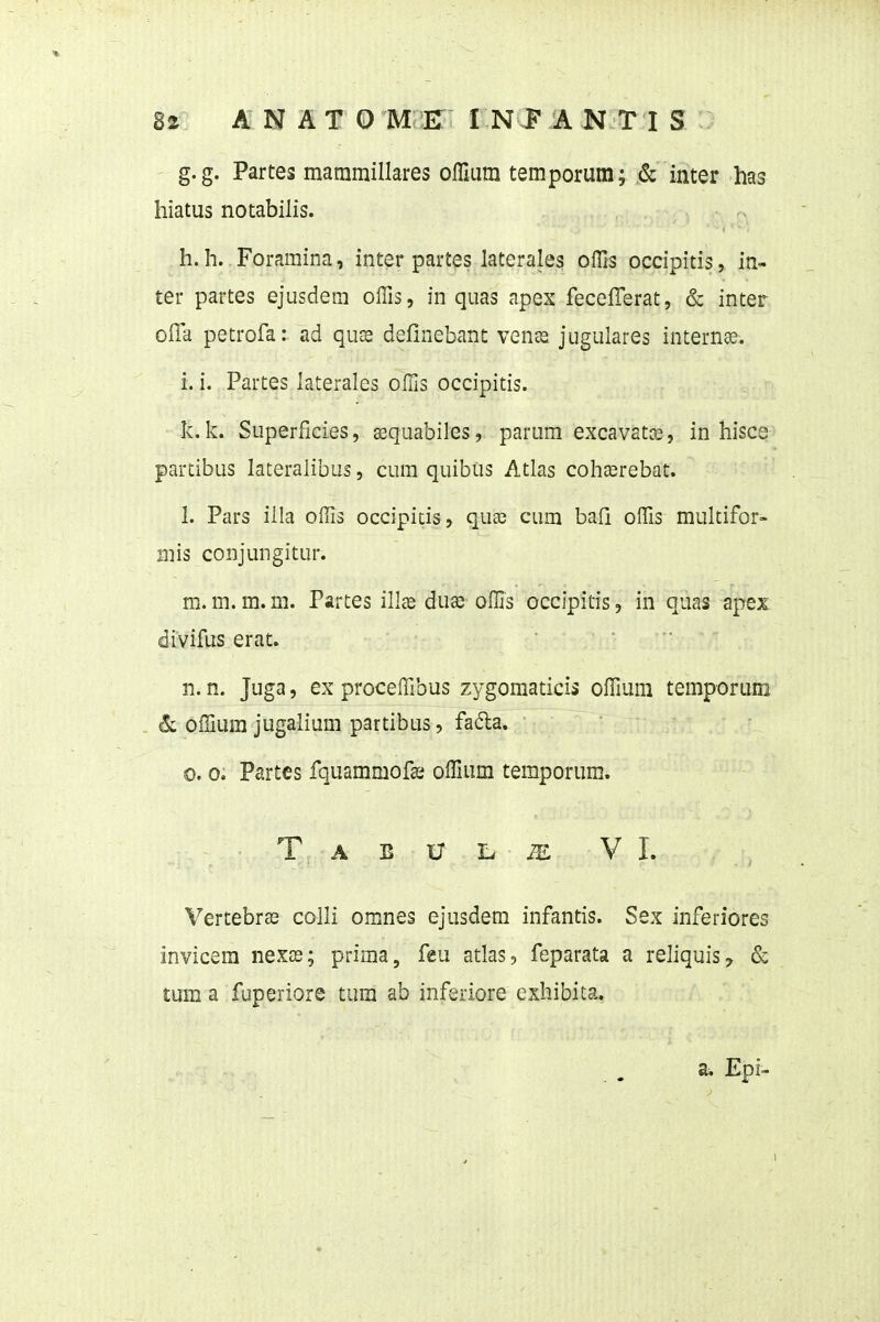g. g. Partes maramillares offium temporum; ,& inter has hiatus notabilis. h. h. Foramina, inter partes laterales oflis occipitis, in- ter partes ejusdem offis, in quas apex fecefferat, & inter offa petrofa: ad quas definebant vencS jugulares internse. i. i. Partes laterales offis occipitis. k. k. Superficies, eequabiles, parum excavatce, in hisce partibus lateralibus, cum quibiis Atlas cohserebat. 1. Pars iila offis occipicis, qucc cum bafi offis multifor- mis conjungitur. m. m. m. m. Partes illas duae- offis occipitis, in quas apex divifus erat. n. n. Juga, ex proceffibus zygomaticis offiura temporum ^ Offium jugalium partibus, fada. 0.0. Partes fquammofa; offium temporura. ■ T. A B U I. ^ VI. Vertebr^e colli omnes ejusdem infantis. Sex inferiores invicem nexje; prima, feu atlas, feparata a reliquis, & tum a fuperiore tum ab inferiore exhibita. a. Epi- 1