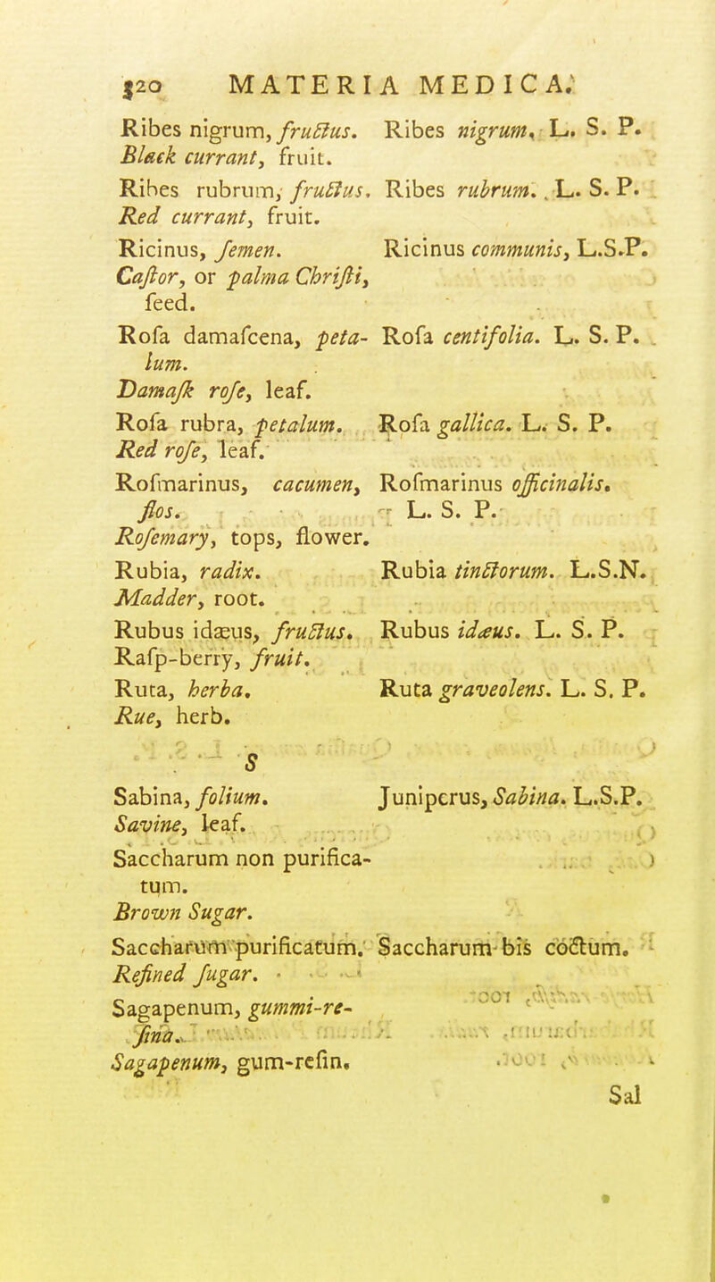 R'lbes nigrum, fru^us. Ribes nigrum^ h,. S. P. Blaek currant, fruit. Ribes ruhrmr\i fru£lus, Ribes r«i>r«w.. L. S. P. Red currant, fruit. Ricinus, Jemen. Ricinus communis, L.S»P. Cafior, or ;palma Chrijii, feed. Rofa damafcena, Rofa centifolia. L. S. P. Damajk rofe, leaf. Rofa rubra, fetalum., ,, ^.o^z gallica. L. S. P. i?^^ leaf.'' ' Rofmarinus, cacumeny Rofmarinus officinalis, flos. - L. S. P. Ro/emary, tops, flower. Rubia, radix. RubiaL.S.N. Madder, root. Rubus idseus, fru5fus, , Rubus idteus. L. S. P. Rafp-berry, fruit, Ruta, herba, Ruta graveolens. L. S. P. RuCy herb, ^ .J s Sabina, folium. Junlpcrus, Sabina. L.S.P. Savine, leaf. . Saccharum non purifica- tum. Brown Sugar. Saccharum purificatum. Saccharum-bis coClum. ■ Refined Jugar. • - - Sagapenum, gummi-re' Sagapemm, gum'tcrm, '^ov / Sal