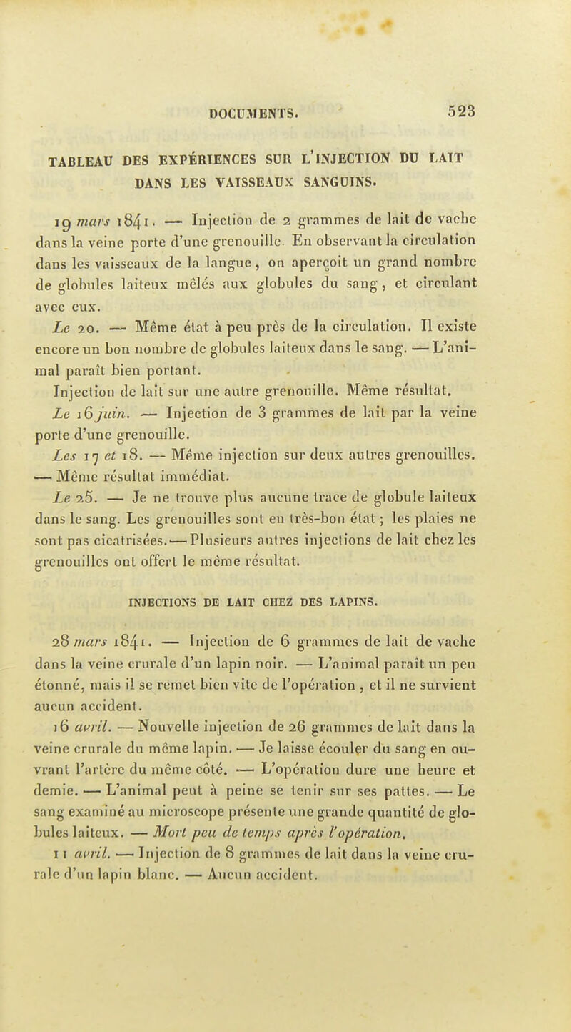 TABLEAU DES EXPÉRIENCES SUR l'INJECTION DU LAIT DANS LES VAISSEAUX SANGDINS. 19 mars 1841 • — Injeclion de 2 grammes de lait de vache dans la veine porte d'une grenouille En observant la circulation dans les vaisseaux de la langue, on aperçoit un grand nombre de globules laiteux mêlés aux globules du sang, et circulant avec eux. Le 10. — Même élat à peu près de la circulation. Il existe encore un bon nombre de globules laiteux dans le sang. — L'ani- mal paraît bien portant. Injection de lait sur une autre grenouille. Même résultat. Le 16 juin. — Injection de 3 grammes de lait par la veine porte d'une grenouille. Les i'] et 18. — Même injeclion sur deux autres grenouilles. — Même ré.sultat immédiat. Le 26. — Je ne trouve plus aucune trace de globule laiteux dans le sang. Les grenouilles sont eu Ircs-bon état ; les plaies ne .sont pas cicatrisées. —Plusieurs antres injections de lait chez les grenouilles ont offert le même résultat. INJECTIONS DE LAIT CHEZ DES LAPINS. iQ mars 1841. — Injection de 6 grammes de lait de vache dans la veine crurale d'un lapin noir. — L'animal paraît un peu étonné, mais il se remet bien vite de l'opération , et il ne survient aucun accident. 16 avril. — Nouvelle injeclion de 26 grammes de lait dans la veine crurale du même lapin. — Je laisse écoulçr du sang en ou- vrant l'artère du même côté. -— L'opération dure une heure et demie. — L'animal peut à peine se tenir sur ses pattes. — Le sang examiné au microscope présente une grande quantité de glo- bules laiteux. — Mort peu de temps après l'opération, 11 ami. — Injection de 8 grammes de lait dans la veine cru- rale d'un lapin blanc. — Aucun accident.