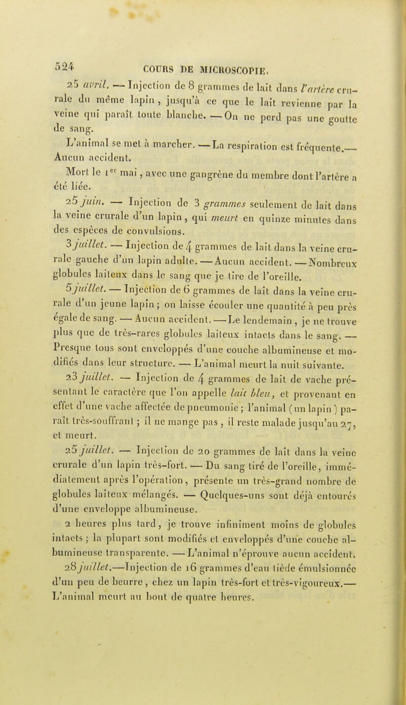 25 ai'ril. — Injection de 8 grammes de lait dans l'arthc crn- ralc du même lapin , jusqu'à ce que le lait revienne par la veine qui paraît toute blanche. — On ne perd pas une goutte de sang. L'animal se met à marcher. —La respiration est fréquente.— Aucun accident, ^ Mort le I mai, avec une gangrène du membre dont l'artère a été liée- 25 juin. — Injection de 3 grammes seulement de lait dans la veine crurale d'un lapin, qui meurt en quinze minutes dans des espèces de convulsions. 3juillet. — Injection de 4 grammes de lait dans la veine cru- rale gauche d'un lapin adulte.—Aucun accident.—Nombreux globules laiteux dans le sang que je tire de l'oreille. ôjuillet. — Injection de 6 grammes de lait dans la veine cru- rale d'un jeune lapin ; on laisse écouler une quantité à peu près égale de sang. — Aucun accident. —Le lendemain , je ne trouve plus que de très-rares globules laiteux intacts dans le sang. — Presque tous sont enveloppés d'une couche albumineuse et mo- difies dans leur structure. — L'animal meurt la nuit suivante. 23 juillet. — Injection de 4 grammes de lait de vache pré- sentant le caractère que l'on appelle lait bleu, et provenant en effet d'une vache affectée de pneumonie ; l'animal (un lapin ) pa- raît très-souffrant ; il ne mange pas, il reste malade jusqu'au 27, et meurt. zS juillet. — Injection de 20 grammes de lait dans la veine crurale d'un lapin très-fort. •— Du sang tiré de l'oreille, immé- diatement après l'opération, présente un très-grand nombre de globules laiteux mélangés. — Quelques-uns sont déjà entourés d'une enveloppe albumineuse. 2 heures plus tard, je trouve infiniment moins de globules intacts ; la plupart sont modifiés et enveloppés d'une couche al- bumineuse transparente. —L'animal n'éprouve aucun accident. 28juillet.—Injection de 16 grammes d'eau tiède éniulsionncc d'un peu de beurre, chez un lapin très-fort et très-vigoureux.— L'animal meurt au bout de quatre heures.