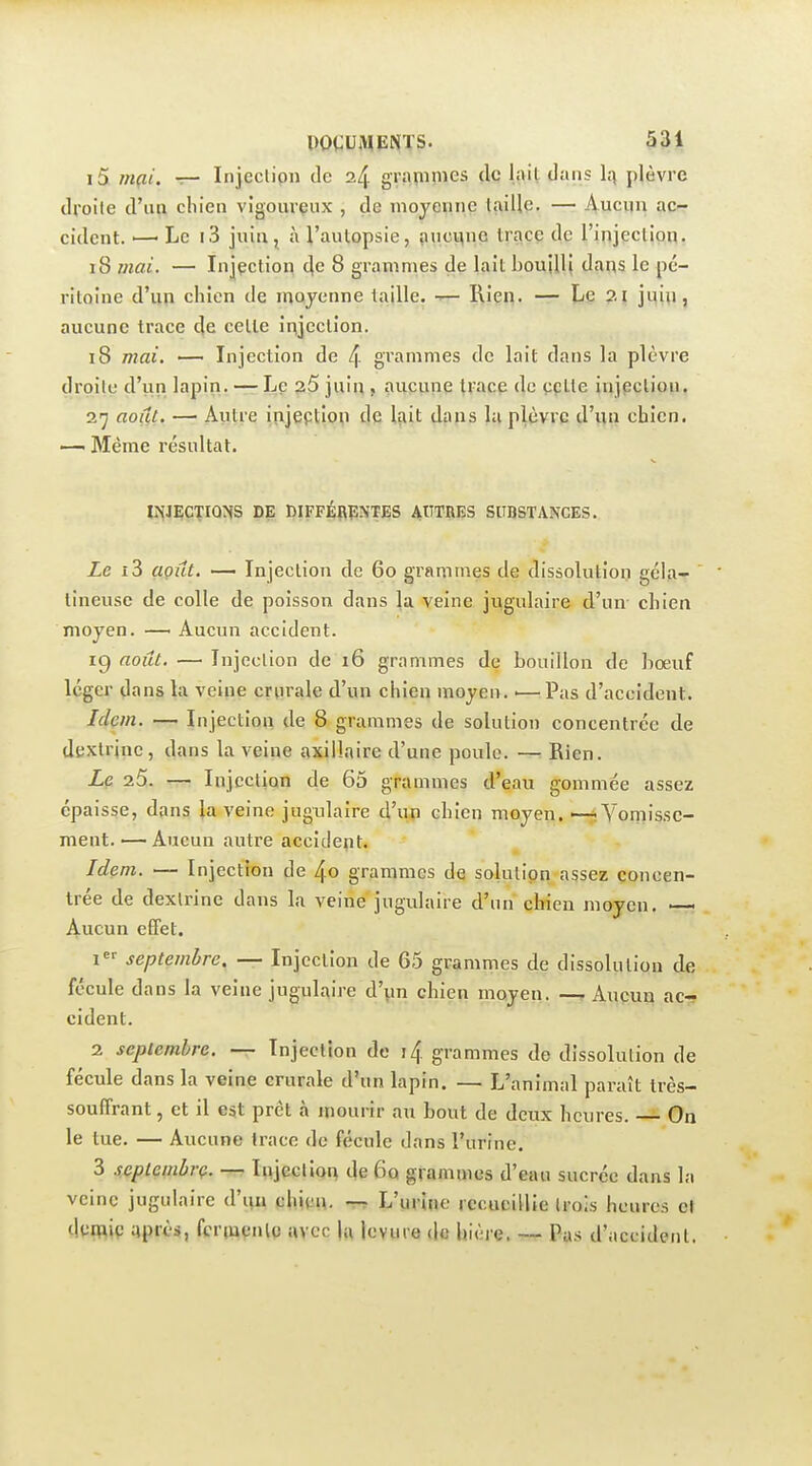 i5 mçii. T- Injeclipn de 3-4 graïiipies çlc lait dans plèvre droite d'im chien vigourçux , de moyenne taille. — Aucun ac- cident. ■—'Le i3 juin, à l'awtopsie, anciino trace de l'injeclion. i8 mai. — Iniçction tje 8 grammes de laît bouilli dans le pé- ritoine d'un chien de moyenne taille. IVen. — Le 2i juin, aucune trace de celte iujcclion. i8 mai. — Injection de 4 grammes de lait dans la plèvre droite d'un lapin. — Le 35 juiu , aucune ^F^cp de çpLte inipclion. 27 août. — Autre injeption de Iflit dans la plèvre d'iui chien. —i Même résultat. lîîJRCflQNS DE DIFFÉRPNTES AtTTRES SUBSTANCES. Ze i3 août. — Injection de 60 grammes de dissolutioi) gélfi-  lineuse de colle de poisson dans la veine jugulaire d'un- chien moyen. — Aucun accident. 1^ août. — Injection de 16 grammes de bouillon de bœuf léger dans la veiue crurale d'un chien moyen. •—Pas d'accident. Idem. — Injectiou de 8 grammes de solution concentrée de dextrjnc, dans la veine axillaire d'une poule. — Rien. Lç. 25. — Injection de 65 grammes d'eau gommée assez épaisse, dans }a veine jugulaire d'un chien moyen, —ri Vomisse- ment.— Aucun autre accident. Idem. •— Injection de 4o grammes de solution assez concen- trée de dextrine dans la veine jugulaire d'un chien moyen. Aucun effet. I septembre. — Injection de 65 grammes de dissolution de fécule dans la veine jugulaire d'pn chien moyen. —- Ançuq ac- cident. 2 septembre. — Injection de i4 grammes de dissolution de fécule dans la veine crurale d'un lapin. — L'animal paraît très- souffrant , et il est prêt à mourir an bout de deux licures. On le tue. — Aucune trace de fécule dans l'urine. 3 septembre. — Injection de 6q grammes d'eau sucrée dans la veine jugulaire d'un chifu, -rr L'urine rccuciUie trois heures e» démit! après, fcriuenlc avec lu levure de bière, Pas d'accident.