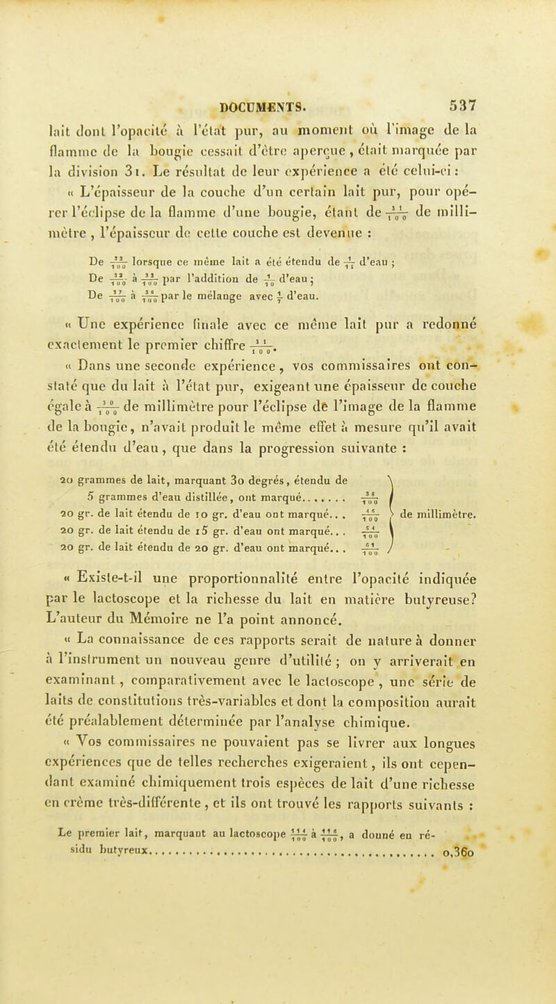 lait donl l'opacité à 1 clat pur, au moment où l'image de la flamme de la bougie cessait d'èlro aperçue, était marquée par la division 3i. Le résultat de leur expérience a été celui-ci: it L'cpîtisseur de la couche d'un certain lait pur, pour opé- rer l'éclipsé de la flamme d'une bougie, étant de-p^V milli- mètre , l'épaisseur do cette couche est devenue : De -~ lorsque ce même lait a été étendu de d'eau ; W à Tinr P' l'addition de d'eau j nnr ^ ^înrP-'*'' mélange avec f d'eau. tt Une expérience (inale avec ce même laît pur a redonné exactement le premier chifl're  Dans une seconde expérience, vos commissaires ont con- staté que du laît à l'état pur, exigeant une épaisseur de couche égale à de millimètre pour l'éclipsé dè l'image de la flamme de la boTigie, n'avait produit le même eifet à mesure qu'il avait été étendu d'eau, que dans la progression suivante : 20 grammes de lait, marquant 3o degrés, étendu de \ 5 grammes d'eau distillée, ont marqué ^j^^ 1 20 gr. de lait étendu de 10 gr. d'eau ont marqué.. . > de millimètre. 20 gr. de lait étendu de i5 gr. d'eau ont marqué.. . \ 20 gr. de lait étendu de 20 gr. d'eau ont marqué.. . J « Exisle-t-il une proportionnalité entre l'opacité indiquée par le lactoscope et la richesse du lait en matière butjreuse? L'auteur du Mémoire ne l'a point annoncé. «I La connaissance de ces rapports serait de nature à donner à l'instrument un nouveau genre d'utilité ; on y arriverait en examinant, comparativement avec le lactoscope , une série de laits de constitutions très-variables et dont la composition aurait été préalablement déterminée par l'analyse chimique. « Vos commissaires ne pouvaient pas se livrer aux longues expériences que de telles recherches exigeraient, ils ont cepen- dant examiné chimiquement trois espèces de lait d'une richesse en crème très-différente , et ils ont trouvé les rapports suivants : Le premier lait, marquant au lactoscope fj^-à , a donné en ré- sidu butyreux o,36o