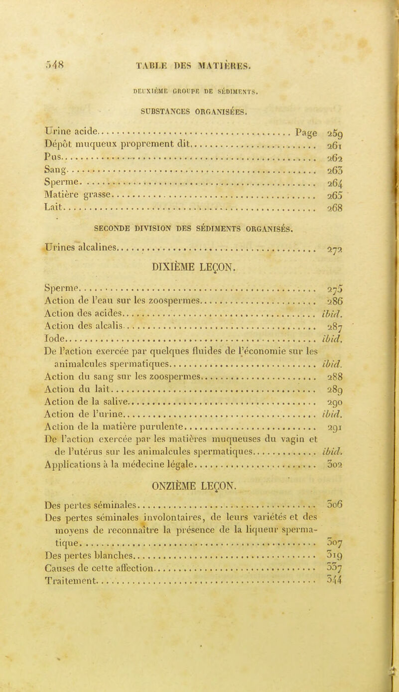 DEUXIÈME GROUPE DE SÉDIMENTS. SUBSTANCES ORGANISÉES. Urine acide Page aSg Dépôt niuqueux proprement dit 261 Pus U62 Sang 263 Sperme 264 Matière grasse 265 Lait 268 SECONDE DIVISION DES SÉDIMENTS ORGANISÉS. Urines alcalines 2^2 DIXIÈME LEÇON. Sperme Action de l'eau sur les zoospermes 286 Action des acides ibid. Action des alcalis 287 Iode ibld. De l'action exercée par quelques fluides de l'économie sur les animalcules spermatiques ibid. Action du sang sur les zoospermes 288 Action du lait 289 Action de la salive 290 Action de l'urine ibid. Action de la matière purulente 291 De l'action exercée par les matières muqueuses du vagin et de l'utérus sur les animalcules spermatiques ibid. Applications à la médecine légale 002 ONZIÈME LEÇON. Des pertes séminales 5c6 Des pertes séminales involontaires, de leurs variétés et des moyens de reconnaître la présence de la liqueur sperma- tique 007 Des pertes blanches Sig Causes de cette affection 557 Traitement 544