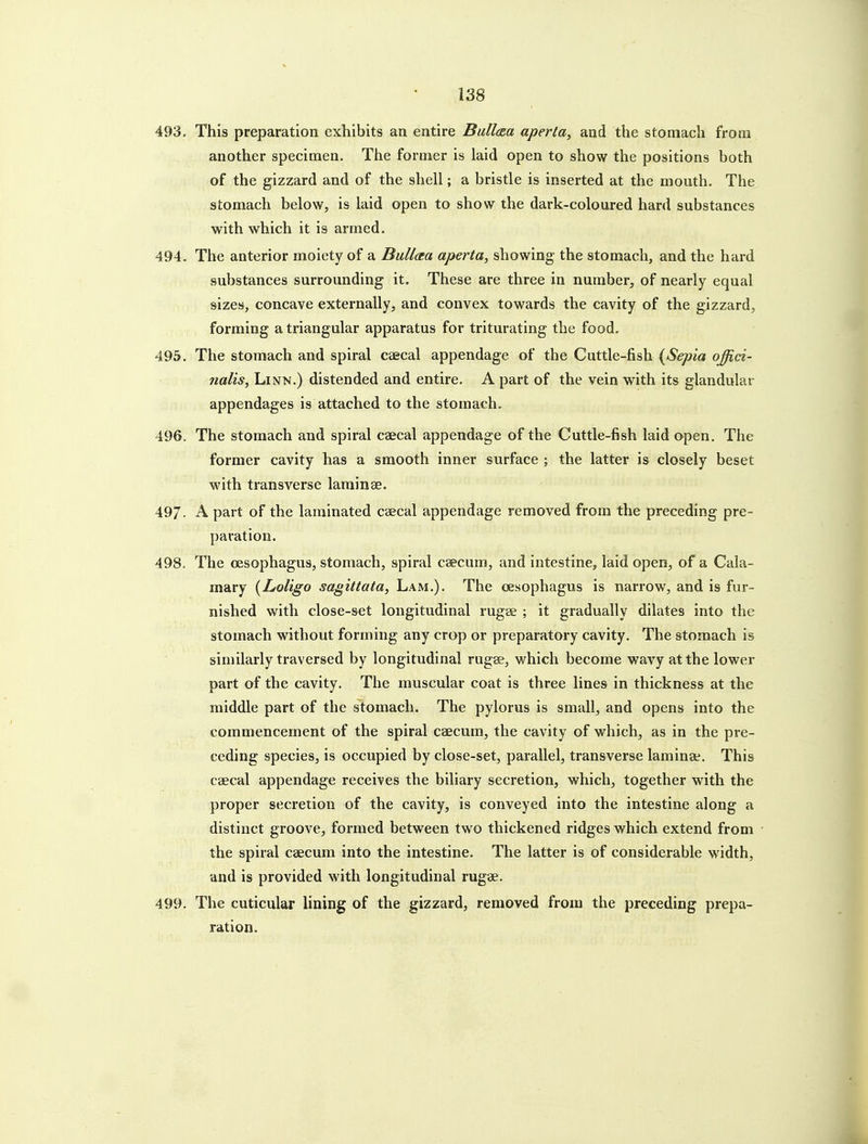 493. This preparation exhibits an entire Bullcsa aperta, and the stomach from another specimen. The former is laid open to show the positions both of the gizzard and of the shell; a bristle is inserted at the mouth. The stomach below, is laid open to show the dark-coloured hard substances with which it is armed. 494. The anterior moiety of a Bullaa aperta, showing the stomach, and the hard substances surrounding it. These are three in number, of nearly equal sizes, concave externally, and convex towards the cavity of the gizzard, forming a triangular apparatus for triturating the food. 495. The stomach and spiral csecal appendage of the Cuttle-fish {Sepia offici- nalis, Linn.) distended and entire. A part of the vein with its glandular appendages is attached to the stomach. 496. The stomach and spiral caecal appendage of the Cuttle-fish laid open. The former cavity has a smooth inner surface ; the latter is closely beset with transverse larainge. 497. A part of the laminated caecal appendage removed from the preceding pre- paration. 498. The oesophagus, stomach, spiral caecum, and intestine, laid open, of a Cala- mary [Loligo sagittata. Lam.). The oesophagus is narrow, and is fur- nished with close-set longitudinal rug^ ; it gradually dilates into the stomach without forming any crop or preparatory cavity. The stomach is similarly traversed by longitudinal rugae, which become wavy at the lower part of the cavity. The muscular coat is three lines in thickness at the middle part of the stomach. The pylorus is small, and opens into the commencement of the spiral caecum, the cavity of which, as in the pre- ceding species, is occupied by close-set, parallel, transverse laminae. This caecal appendage receives the biliary secretion, which, together with the proper secretion of the cavity, is conveyed into the intestine along a distinct groove, formed between two thickened ridges which extend from the spiral caecum into the intestine. The latter is of considerable width, and is provided with longitudinal rugae. 499. The cuticular lining of the gizzard, removed from the preceding prepa- ration.