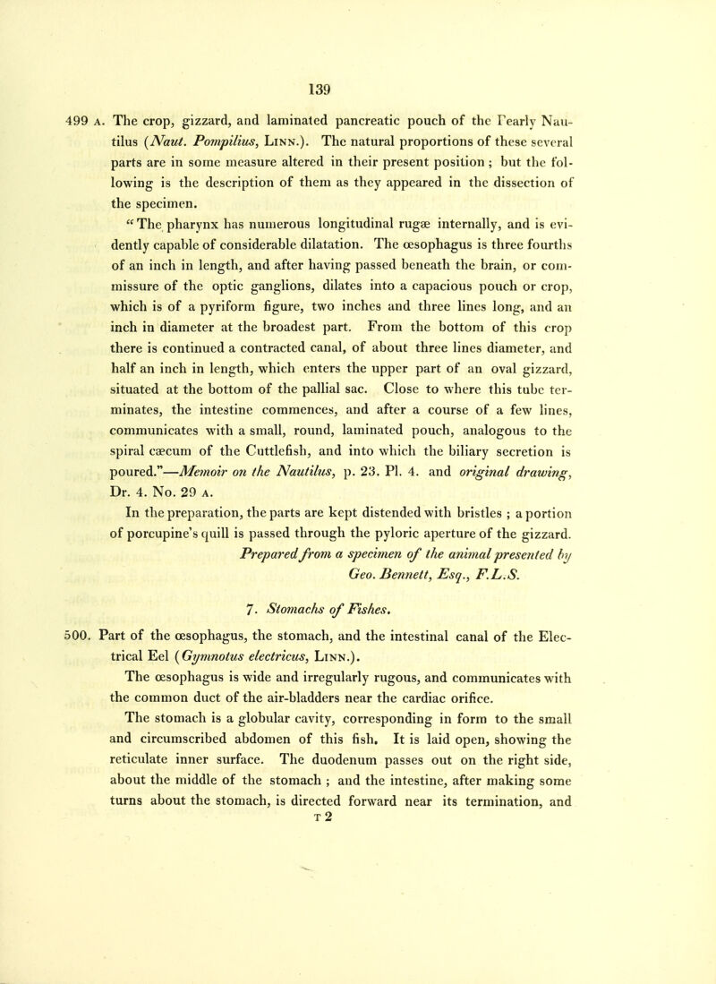 499 A. The crop, gizzard, and laminated pancreatic pouch of the Pearly Nau- tilus [Naut. Pompilius, Linn.). The natural proportions of these several parts are in some measure altered in their present position ; but the fol- lowing is the description of them as they appeared in the dissection of the specimen. The pharynx has numerous longitudinal rugae internally, and is evi- dently capable of considerable dilatation. The oesophagus is three fourths of an inch in length, and after having passed beneath the brain, or com- missure of the optic ganglions, dilates into a capacious pouch or crop, which is of a pyriform figure, two inches and three lines long, and an inch in diameter at the broadest part. From the bottom of this crop there is continued a contracted canal, of about three lines diameter, and half an inch in length, which enters the upper part of an oval gizzard, situated at the bottom of the pallial sac. Close to where this tube ter- minates, the intestine commences, and after a course of a few lines, communicates with a small, round, laminated pouch, analogous to the spiral caecum of the Cuttlefish, and into which the biliary secretion is poured.—Memoir on the Nautilus, p. 23. PI. 4. and original drmving, Dr. 4. No. 29 a. In the preparation, the parts are kept distended with bristles ; a portion of porcupine's quill is passed through the pyloric aperture of the gizzard. Prepared from a specimen of the animal presented by Geo. Bennett, Esq., F.L.S. 7- Stomachs of Fishes. 500. Part of the oesophagus, the stomach, and the intestinal canal of the Elec- trical Eel {Gymnotus electricus. Linn.). The oesophagus is wide and irregularly rugous, and communicates with the common duct of the air-bladders near the cardiac orifice. The stomach is a globular cavity, corresponding in form to the small and circumscribed abdomen of this fish. It is laid open, showing the reticulate inner surface. The duodenum passes out on the right side, about the middle of the stomach ; and the intestine, after making some turns about the stomach, is directed forward near its termination, and T 2
