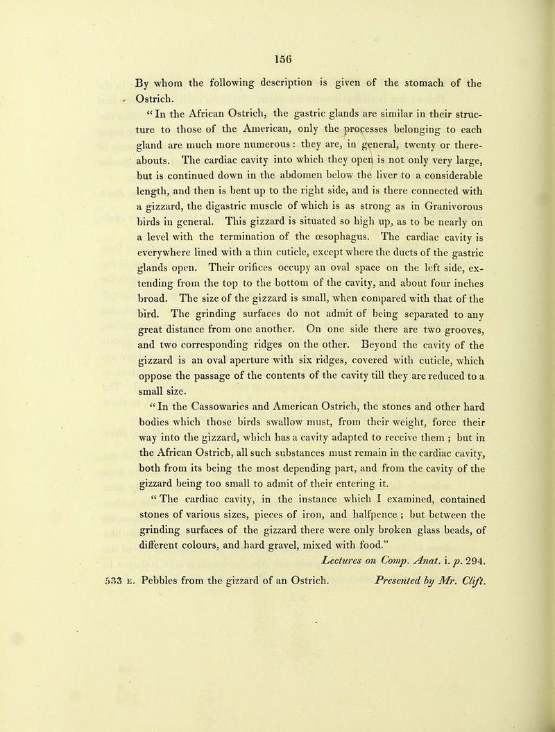 By whom the following description is given of the stomach of the < Ostrich.  In the African Ostrich, the gastric glands are similar in their struc- ture to those of the American, only the pro^cesses belonging to each gland are much more numerous: they are, in general, twenty or there- abouts. The cardiac cavity into which they open is not only very large, but is continued down in the abdomen below the liver to a considerable length, and then is bent up to the right side, and is there connected with a gizzard, the digastric muscle of which is as strong as in Granivorous birds in general. This gizzard is situated so high up, as to be nearly on a level with the termination of the oesophagus. The cardiac cavity is everywhere lined with a thin cuticle, except where the ducts of the gastric glands open. Their orifices occupy an oval space on the left side, ex- tending from the top to the bottom of the cavity, and about four inches broad. The size of the gizzard is small, when compared with that of the bird. The grinding surfaces do not admit of being separated to any great distance from one another. On one side there are two grooves, and two corresponding ridges on the other. Beyond the cavity of the gizzard is an oval aperture with six ridges, covered with cuticle, which oppose the passage of the contents of the cavity till they are reduced to a small size.  In the Cassowaries and American Ostrich, the stones and other hard bodies which those birds swallow must, from their weight, force their way into the gizzard, which has a cavity adapted to receive them ; but in the African Ostrich, all such substances must remain in the cardiac cavity, both from its being the most depending part, and from the cavity of the gizzard being too small to admit of their entering it.  The cardiac cavity, in the instance which I examined, contained stones of various sizes, pieces of iron, and halfpence ; but between the grinding surfaces of the gizzard there were only broken glass beads, of different colours, and hard gravel, mixed with food. Lectures on Comp. Anat. i. p. 294. 533 E. Pebbles from the gizzard of an Ostrich. Presented hy Mr. Clift.