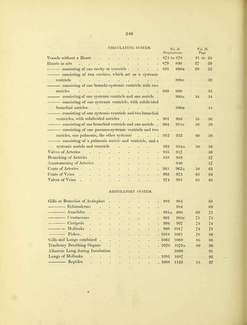 rTRPTTT,ATFNrt SV^TFM No. of Vol. II. Preparations. Page Vessels without a Heart ....... 873 to 878 21 to 24 879 890 27 29 consisting of one cavity or ventricle .... 891 898b 29 32 consistine: of two cavities, which act as a systemic 898c 32 consisting of one branchi-systemic ventricle with two 899 900 33 consisting of one systemic ventricle and one auricle . 900a 34 34 consisting of one systemic ventricle, with subdivided branchial auricles ........ 900b 34 consisting of one systemic ventricle and two branchial ventricles, with subdivided auricles .... 901 903 35 36 consisting; of one branchial ventricle and one auricle . 904 911c 36 39 — consisting of one pneumo-systemic ventricle and two auricles, one pulmonic, the other systemic 40 50 consisting of a pulmonic auricle and ventricle, and a systemic auricle and ventricle .... 923 934a 50 56 Valves of Arteries ........ 935 937 56 Branching of Arteries . . . . . . 938 939 57 Ana'^tomnsino' of ATtpriPS ' . ^ JuXldp liV^XXdUO J Ll^ \JL 1. \.L IjKjI. ....... 940 57 Coats of Arteries ........ 941 962a 58 63 V>U£ll/0 \J± y 5^1110 ......... 963 973 63 64 Valves of Veins ... ... 974 981 65 66 T>T?CT>T'D A T'/^ O V O V O ^PT? A yf KLSriKAiOKi bibiiljM. Gills or Branchiae of Acalephes ...... 982 983 68 Echinoderms . . . . . . 984 69 Annelides . . . . 984a 990 69 71 Crustaceans ....... 991 993 F 71 73 Cirripeds . . . . . . 994 997 73 74 r- Mollusks 998 1017 74 78 Fishes. . '. . ... . . 1018 1061 78 86 Gills and Lungs combined ....... 1062 1069 86 88 Tracheary Breathing Organs ...... 1070 1079a 89 90 Allantoic Lung during Incubation ..... 1080 91 Lungs of Mollusks . . . . ... 1081 1087 92 Reptiles ........ 1088 1123 93 97