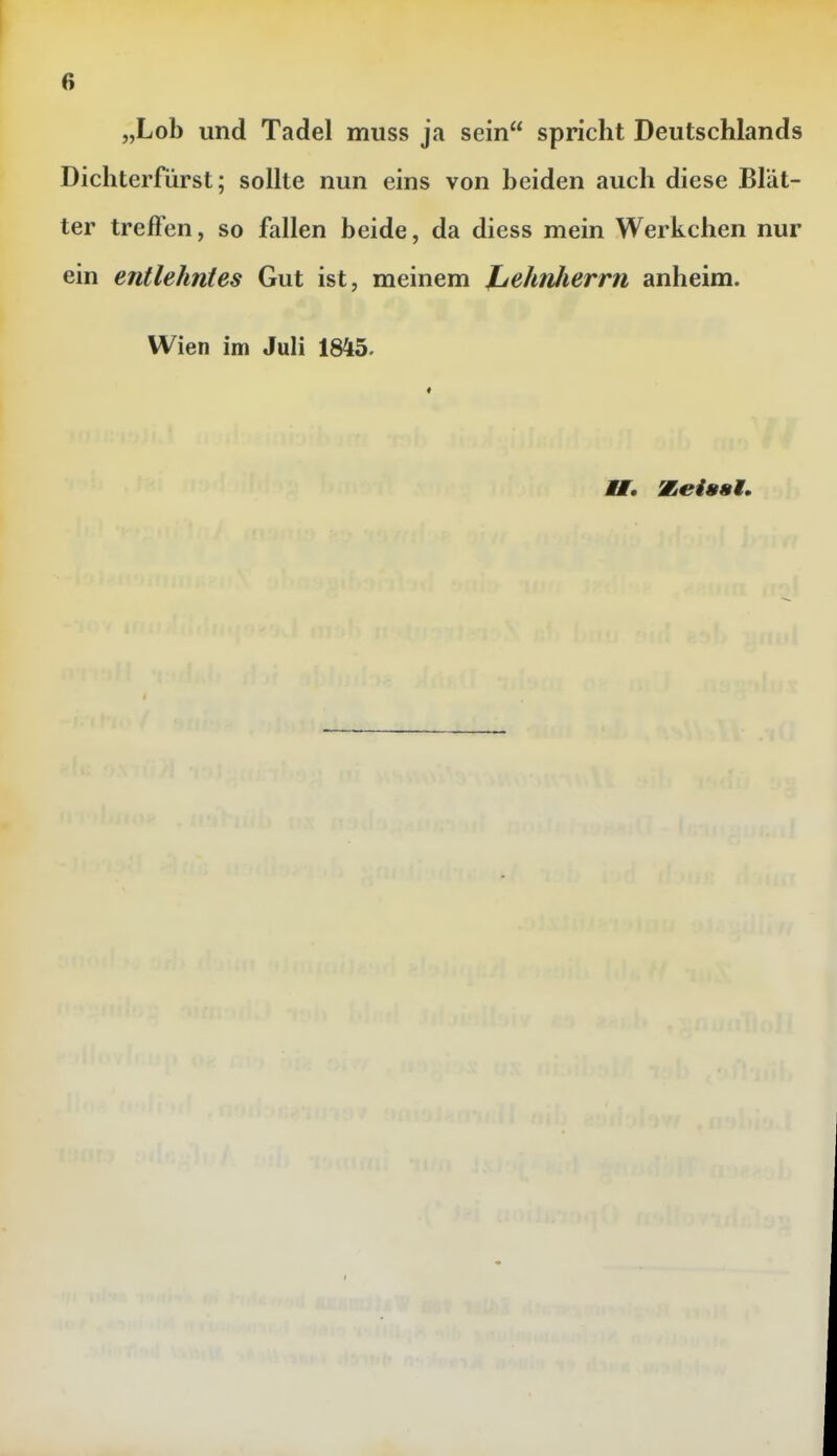 „Lob und Tadel muss ja sein spricht Deutschlands Dichterfürst; sollte nun eins von beiden auch diese Blät- ter treffen, so fallen beide, da diess mein Werkchen nur ein entlehntes Gut ist, meinem JjehnJierrn anheim. Wien im Juli 1845.