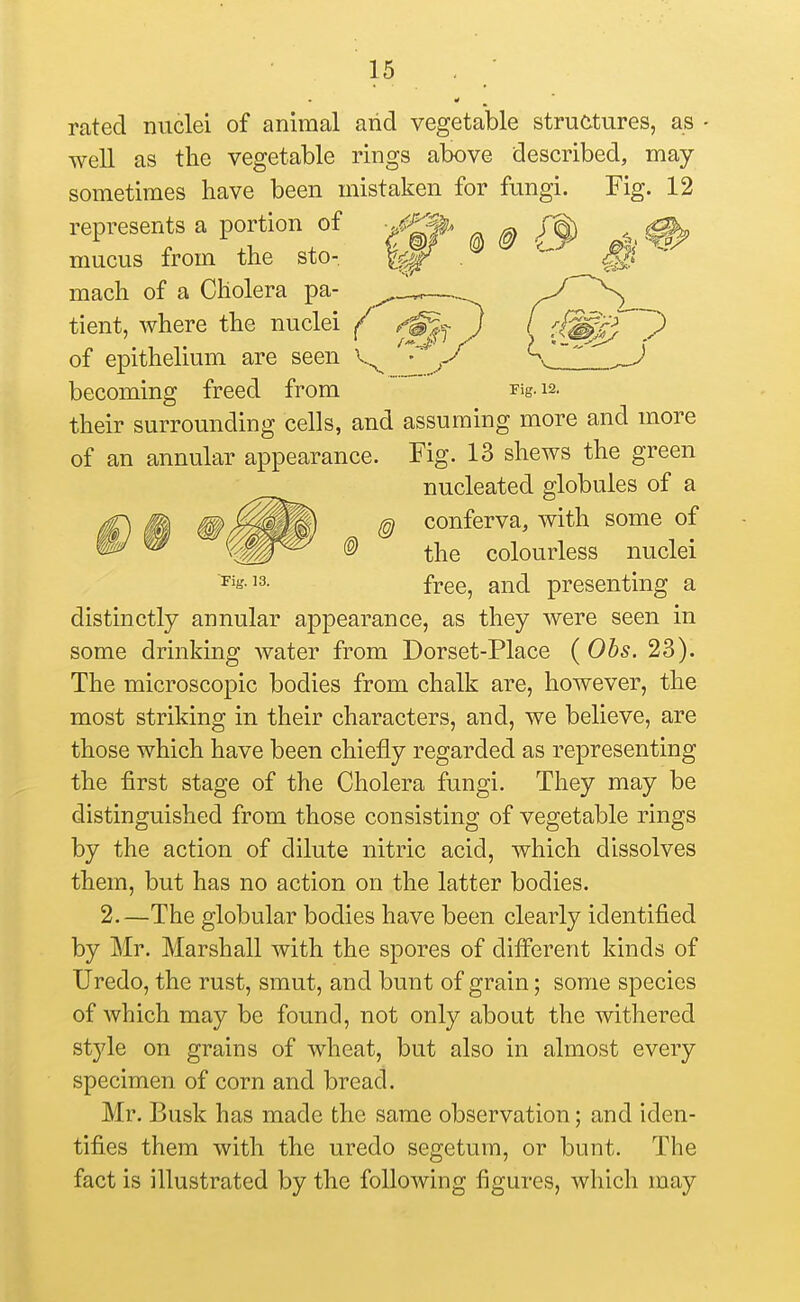 rated nuclei of animal and vegetable structures, as well as the vegetable rings above described, may sometimes have been mistaken for fungi. Fig. 12 represents a portion of mucus from the sto- mach of a Cholera pa- tient, where the nuclei of epithelium are seen becoming freed from rig-12. their surrounding cells, and assuming more and more of an annular appearance. Fig. 13 shews the green nucleated globules of a ^ conferva, with some of ® the colourless nuclei '^^^'•'3. fj.QQ^ presenting a distinctly annular appearance, as they were seen in some drinking water from Dorset-Place (Obs. 23). The microscopic bodies from chalk are, however, the most striking in their characters, and, we believe, are those which have been chiefly regarded as representing the first stage of the Cholera fungi. They may be distinguished from those consisting of vegetable rings by the action of dilute nitric acid, which dissolves them, but has no action on the latter bodies. 2.—The globular bodies have been clearly identified by Mr. Marshall with the spores of different kinds of Uredo, the rust, smut, and bunt of grain; some species of which may be found, not only about the withered style on grains of wheat, but also in almost every specimen of corn and bread. Mr. Busk has made the same observation; and iden- tifies them with the uredo segetum, or bunt. The fact is illustrated by the following figures, which may