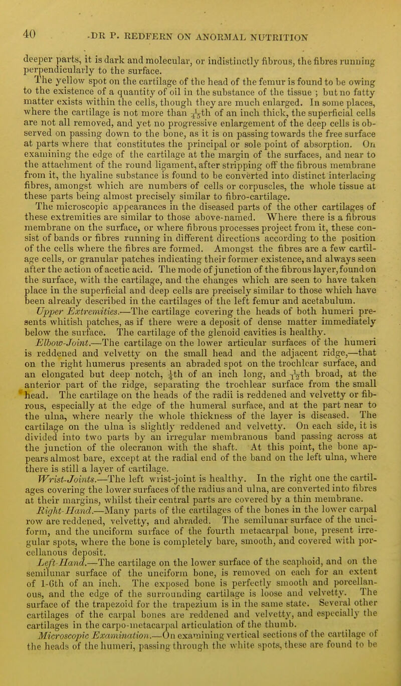 deeper parts, it is dark and molecular, or indistinctly fibrous, the fibres running perpendicularly to the surface. The yellow spot on the cartilage of the head of the femur is found to be owing to the existence of a quantity of oil in the substance of the tissue ; but no fatty matter exists within the cells, though they are much enlarged. In some places, where the cartilage is not more than :^th of an inch thick, the supei-ficial cells are not all removed, and yet no progressive enlargement of the deep cells is ob- served on passing down to the bone, as it is on passing towards tlie free surface at jmrts where that constitutes the principal or sole point of absorption. On examining the edge of the cartilage at the margin of the surfaces, and near to the attachment of the round ligament, after stripping off the fibrous membrane from it, the hyaline substance is found to be converted into distinct interlacing fibres, amongst which are numbers of cells or corpuscles, the whole tissue at these parts being almost precisely similar to fibro-cartilage. The microscopic appearances in the diseased parts of the other cartilages of these extremities are similar to those above-named. Where there is a fibrous membrane on the surface, or where fibrous processes project from it, these con- sist of bands or fibres running in different directions according to the position of the cells where the fibres are formed. Amongst the fibres are a few cartil- age cells, or granular patches indicating their former existence, and always seen after the action of acetic acid. The mode of junction of the fibrous layer, found on the surface, with the cartilage, and the changes which are seen to have taken place in the superficial and deep cells are precisely similar to those which have been already described in the cartilages of the left femur and acetabulum. Upper Extremities.—The cartilage covering the heads of both humeri pre- sents whitish patches, as if there were a deposit of dense matter immediately below the surface. The cartilage of the glenoid cavities is healthy. Elbow-Joint.—The cartilage on the lower articular surfaces of the humeri is reddened and velvetty on the small head and the adjacent ridge,—that on the right humerus presents an abraded spot on the trochlear surface, and an elongated but deep notch, ^th of an inch long, and ^Vth broad, at the anterior part of the ridge, separating the trochlear surface from the small head. The cartilage on the heads of the radii is reddened and velvetty or fib- rous, especially at the edge of the humeral surface, and at the part near to the ulna, where nearly the whole thickness of the layer is diseased. The cartilage on the ulna is slightly reddened and velvetty. On each side, it is divided into two parts by an irregular membranous band passing across at the junction of the olecranon with the shaft. At this point, the bone ap- pears almost bare, except at the radial end of the band on the left ulna, where there is still a layer of cartilage. Wrist-Joints.left wrist-joint is healthy. In the right one the cartil- ages covering the lower surfaces of the radius and ulna, are converted into fibres at their margins, whilst their central parts are covered by a thin membrane. Right-Hand.—Many parts of the cartilages of the bones in the lower carpal row are reddened, velvetty, and abraded. The semilunar surface of the unci- form, and the unciform surface of the fourth metacarpal bone, present irre- gular spots, where the bone is completely bare, smooth, and covered with por- cellanous deposit. Left-Hand.—The cartilage on the lower surface of the sca])hoid, and on the semilunar surface of the unciform bone, is removed on each for an extent of 1-Gth of an inch. The exposed bone is perfectly smooth and porcellan- ous, and the edge of tiie surrounding cartilage is loose and velvetty. The surface of the trapezoid for the trapezium is in the same state. Several other cartilages of the carpal bones are reddened and velvetty, and especially the cartilages in the carpo-mctacarpal articulation of the thumb. Microscopic Examination.—On examining vertical sections of the cartilage of tlie heads of the humeri, passing through the wliite spots, these are found to be