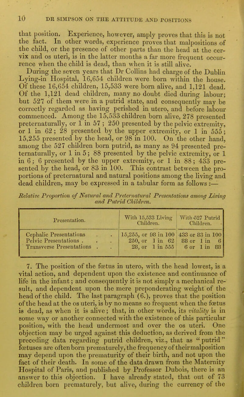 that position. Experience, however, amply proves that this is not the fact. In other words, experience proves that malpositions of the child, or the presence of other parts than the head at the cer- vix and OS uteri, is in the latter months a far more frequent occur- rence when the child is dead, than when it is still alive. During the seven years that Dr Collins had charge of the Dubhn Lying-in Hospital, 16,654 children were boi'n within the house. Of these 16,654 children, 15,533 were bom alive, and 1,121 dead. Of the 1,121 dead children, many no doubt died during labour; but 527 of them were in a putrid state, and consequently may be correctly regarded as having perished in utero, and before labour commenced. Among the 15,533 children born alive, 278 presented preternaturally, or 1 in 57 ; 250 presented by the pelvic extremity, or 1 in 62; 28 presented by the upper extremity, or 1 in 555; 15,255 presented by the head, or 98 in 100. On the other hand, among the 527 children born putrid, as many as 94 presented pre- ternaturally, or 1 in 5; 88 presented by the pelvic extremity, or 1 in 6; 6 presented by the upper extremity, or 1 in 88; 433 pre- sented by the head, or 83 in 100. This contrast between the pro- portions of pretei'natural and natural positions among the living and dead children, may be expressed in a tabular form as follows :— Relative Proportion of Natural and Preternatural Presentations among Living and Putrid Children. Presentation. With 15,533 Living Children. With .627 Putrid Children. Cephalic Presentations Pelvic Presentations . Transverse Presentations . 15,255, or 98 in 100 250, or 1 in 62 28, or 1 in 555 433 or 83 in 100 88 or 1 in 6 6 or 1 in 88 7. The position of the foetus in utero, Avith the head lowest, is a vital action, and dependent upon the existence and continuance of life in the infant; and consequently it is not simply a mechanical re- sult, and dependent upon the mere preponderating weight of the head of the child. The last paragraph (6.), pi'oves that the position of the head at the os uteri, is by no means so frequent when the fcetus is dead, as when it is alive; that, in other words, its vitality is in some way or another connected with the existence of this particular position, with the head undermost and over the os uteri. One objection may be urged against this deduction, as derived from the preceding data regarding putrid children, viz., that as  putrid  ibetuses are often born prematurely, the frequency of their malposition may depend upon the prematurity of their birth, and not upon the fact of their death. In some of the data drawn from the Maternity Hospital of Paris, and published by Professor Dubois, there is an answer to this objection. I have already stated, that out of 73 cliildren born prematurely, but alive, dui'ing the currency of the