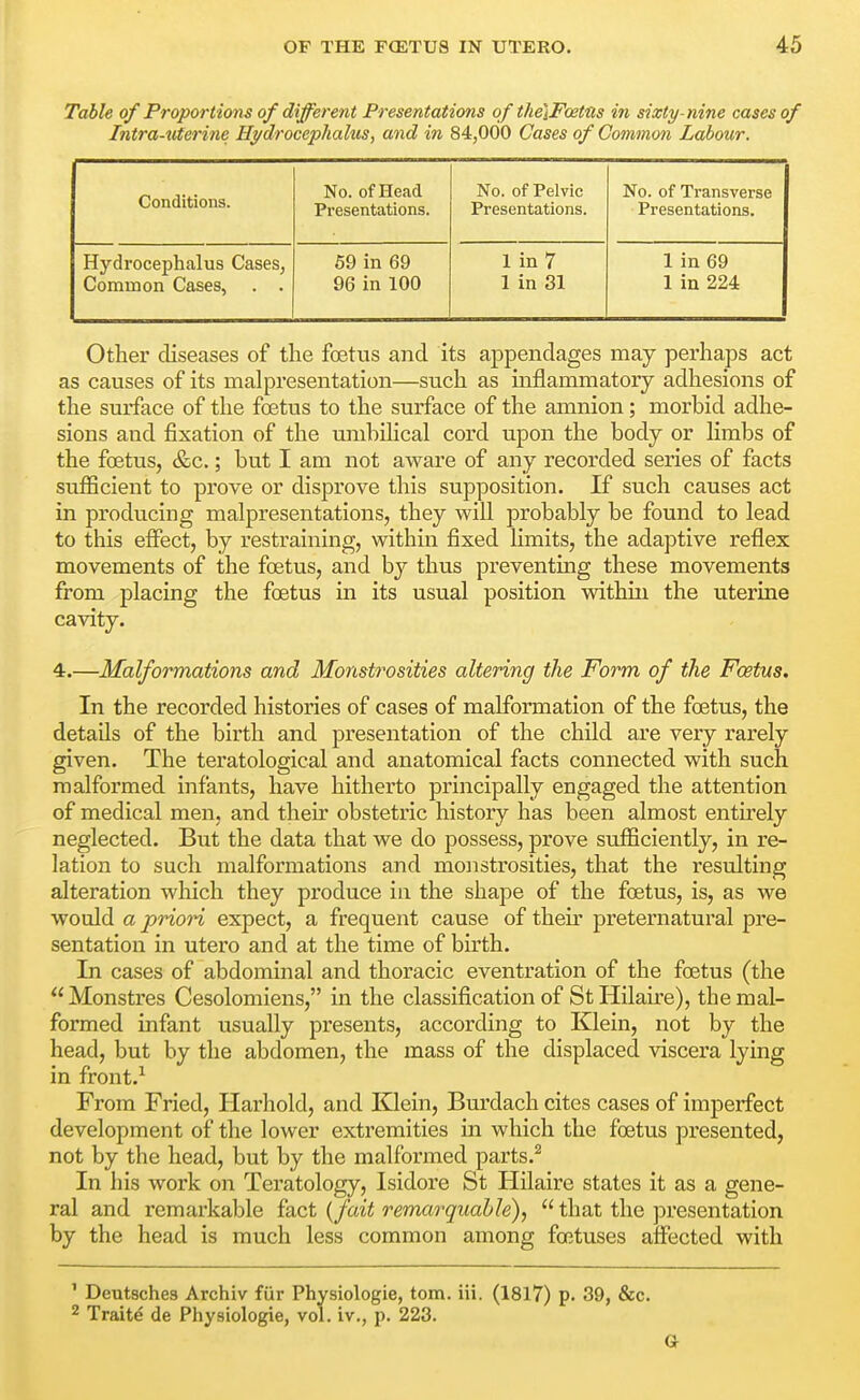 Table of Proportions of different Presentations of the]Foettis in sixty-nine cases of Intra-uterine Hydrocephalus, and in 84,000 Cases of Common Labour. Conditions. No. of Head Presentations. No. of Pelvic Presentations. No. of Transverse Presentations. Hydrocephalus Cases, Common Cases, . . 69 in 69 96 in 100 1 in 7 1 in 31 1 in 69 1 in 224 Other diseases of the foetus and its appendages may perhaps act as causes of its mal presentation—such as inflammatory adhesions of the surface of the foetus to the surface of the amnion; morbid adhe- sions and fixation of the umhihcal cord upon the body or limbs of the foetus, &c.; but I am not aware of any recorded series of facts sufficient to prove or disprove this supposition. If such causes act in producing malpresentations, they will probably be found to lead to this efiect, by restraining, within fixed limits, the adaptive reflex movements of the foetus, and by thus preventing these movements from placing the foetus in its usual position within the uterine cavity. 4.—Malformations and Monstrosities altering the Form of the Foetus. In the recorded histories of cases of malformation of the foetus, the details of the birth and presentation of the child are very rarely given. The teratological and anatomical facts connected with such malformed infants, have hitherto principally engaged the attention of medical men, and their obstetric history has been almost entirely neglected. But the data that we do possess, prove svifficiently, in re- lation to such malformations and monstrosities, that the resulting alteration which they produce in the shape of the foetus, is, as we would a prion expect, a frequent cause of their preternatural pre- sentation in utero and at the time of birth. In cases of abdominal and thoracic eventration of the foetus (the Monstres Cesolomiens, in the classiflcation of StHilaire), the mal- formed infant usually presents, according to Klein, not by the head, but by the abdomen, the mass of the displaced viscera lying in front.^ From Fried, Harhold, and K^ein, Burdach cites cases of imperfect development of the lower extremities in which the foetus presented, not by the head, but by the malformed parts.^ In his work on Teratology, Isidore St Hilaire states it as a gene- ral and remarkable fact {fait remarguable),  that the presentation by the head is much less common among foetuses aflected with ' Deutsches Archiv fiir Physiologie, torn. iii. (1817) p. 39, &c. 2 Traite de Physiologie, vol. iv,, p. 223.
