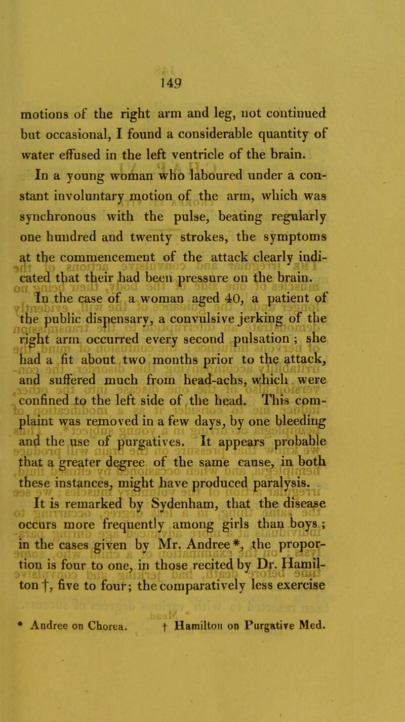 9! motions of the right arm and leg, not continued but occasional, I found a considerable quantity of water effused in the left ventricle of the brain. In a young woman who laboured under a con- stant involuntary motion^ (^j^^tlxe arm, which was synchronous with the pulse, beating regularly one hundred and twenty strokes, the symptoms the commencement of the attack clearly indi- cated that their had been pressure on the brain. on tn the case of .a woman aged 40, a patient of the public dispensary, a convulsive jerking of the lygHt arm occurred every second pulsation ; she had a fit about two months prior to the attack, and suflfered much from head-achs, w;hich were confined to the left side of the head. This com- plaint was removed in a few days, by one bleeding and the use of purgatives. It appears probabje that a greater degree of the same cause, in botli these instances, might have produced paralysis. . It is remarked by Sydenham, that the disease occurs more frequently among girls than boys.; in the cases given by Mr. Andree*^ the propoij- tion is four to one, in those recited by Dr. Hamil- ton t, five to font-; the comparatively less exercise • Andree on Chorea. t Hamilton on Purgative Med. 9{