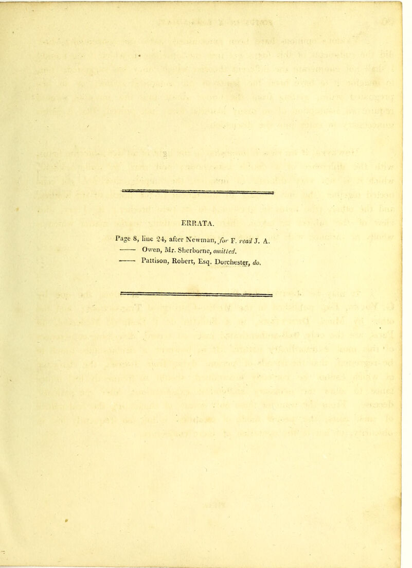 ERRATA. Page 8, line 24, after Newman,/t„. F. readJ. A. Owen, Mr. Sherborne, omitted. ' Pattison, Robert, Esq. Dorchester, do.