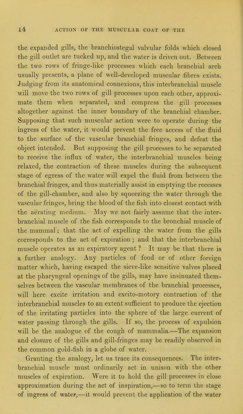 the expanded gills, the branchiostegal valvular folds which closed the gill outlet are tucked up, and the water is driven out. Between the two rows of fringe-like processes which each branchial arch usually presents, a plane of well-developed muscular fibres exists. Judging from its anatomical connexions, this interbranchial muscle will move the two rows of gill processes upon each other, approxi- mate them when separated, and compress the gill processes altogether against the inner boundary of the branchial chamber. Supposing that such muscular action were to operate during the ingress of the water, it would prevent the free access of the fluid to the surface of the vascular branchial fringes, and defeat the object intended. But supposing the gill processes to be separated to receive the influx of water, the interbranchial muscles being relaxed, the contraction of these muscles during the subsequent stage of egress of the water will expel the fluid from between the bi'anchial fringes, and thus materially assist in emptying the recesses of the gill-chamber, and also by squeezing the water through the vascular fringes, bring the blood of the fish into closest contact with the aerating medium. May we not fairly assume that the inter- branchial muscle of the fish corresponds to the bronchial muscle of the mammal; that the act of expelling the water from the gills corresponds to the act of expiration; and that the interbranchial muscle operates as an expiratory agent ? It may be that there is a further analogy. Any particles of food or of other foreign matter which, having escaped the sieve-like sensitive valves placed at the pharyngeal openings of the gills, may have insinuated them- selves between the vascular membranes of the branchial processes, will here excite irritation and excito-motory contraction of the interbranchial muscles to an extent sufficient to produce the ejection of the irritating particles into the sphere of the large current of water passing through the gills. If so, the process of expulsion will be the analogue of the cough of mammalia.—The expansion and closure of the gills and gill-fringes may be readily observed in the common gold-fish in a globe of water. Granting the analogy, let us trace its consequences. The inter- branchial muscle must ordinarily act in unison with the other muscles of expiration. Were it to hold the gill processes in close approximation during the act of inspiration,—so to term the stage of ingress of water,—it would prevent the application of the water