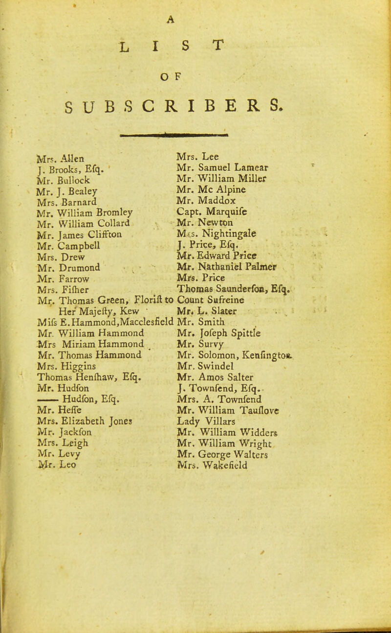 LIST O F SUBSCRIBERS. Mr5. AUen J. Brooks, Efq. Mr. Bullock Mr. J. Bealey Mrs. Barnard Mr. William Bromley Mr. William Collard Mr. James ClifFtoa Mr. Campbell Mrs. Drew Mr. Drumond Mr. Farrow Mrs. Filher Mr. Thomas Green, Florift to Her Majefty, Kew • Mifs E.Hammond,Macclesfield Mr. William Hammond Mrs Miriam Hammond Mr. Thomas Hammond Mrs. Higgins Thomas Henftiaw, Efq. Mr. Hudfon —- Hudfon, Efq. Mr. Heffe Mrs. Elizabeth Jones Mr. Jackfon Mrs. Leigh Mr. Levy idr. Leo Mrs. Lee Mr. Samuel Lamear Mr. William Miller Mr. Mc Alpine Mr. Maddox Capt. Marquife Mr. Newton M.>s. Nightingale J. Price, Efq. Mr. Edward Price Mr. Nathaniel Palmer Mrs. Price Thomas Saunderfon, Efq. Count Sufreine Mr4 L. Slater Mr. Smith Mr. [ofeph Spittle Mr. Survy Mr. Solomon, Kenfingto*. Mr. Swindel Mr. Amos Salter J. Townfend, Efq. Mrs. A. Townfend Mr. William Tauilove Lady Villars Mr. William Widder* Mr. William Wright Mr. George Walters Mrs. Wakefield