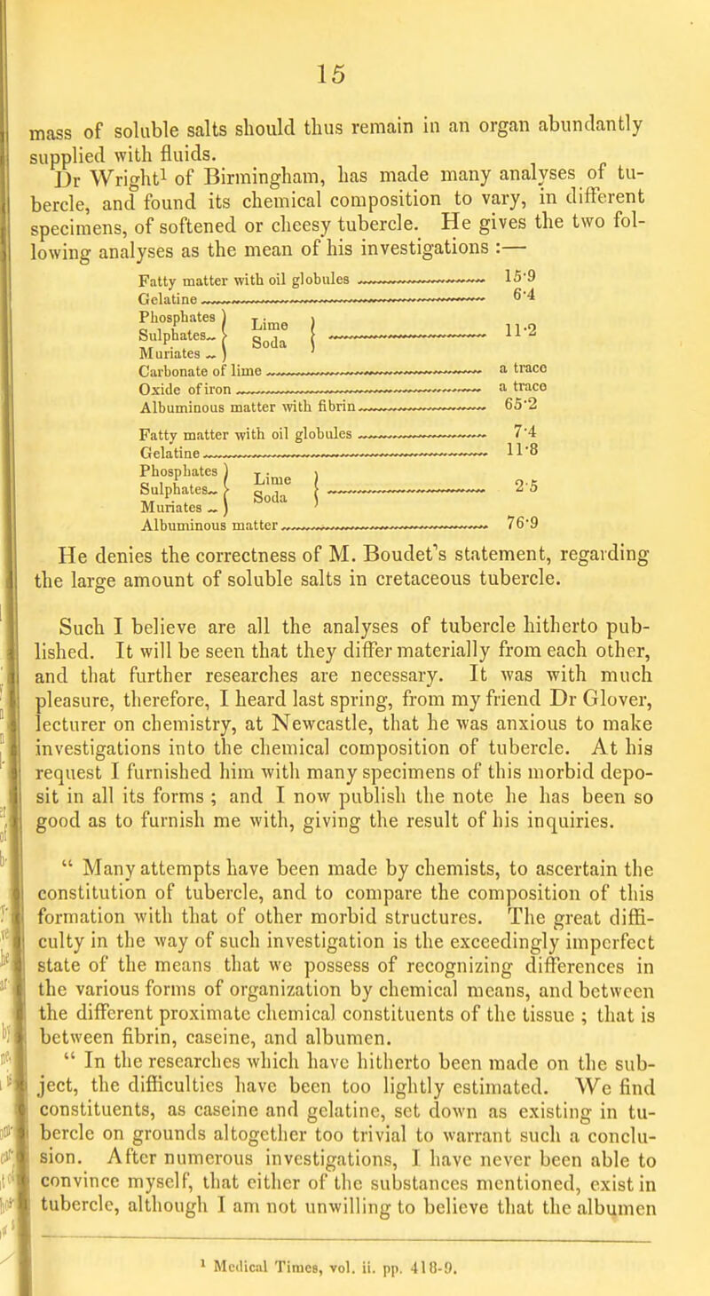 mass of soluble salts should thus remain in an organ abundantly supplied with fluids. Dr Wrighti of Birmingham, has made many analyses of tu- bercle, and found its chemical composition to vary, in different specimens, of softened or cheesy tubercle. He gives the two fol- lowing analyses as the mean of his investigations :— Fatty matter with oil globules 15'9 Gelatine ..^ 6'4 Phosphates) Lime ) l,-2 Sulphates- g^j^ 112 Muriates ~ ) ' Carbonate of lime ~ a trace Oxide of iron a trace Albuminous matter with fibrin 65'2 Fatty matter with oil globules ^ ™ 7'4 Gelatine 11-8 Phosphates 1 Lime ) o-^ Sulphates-, g^j^ 2 5 Munates ~ ) ' Albuminous matter^ —.....—76'9 He denies the correctness of M. Boudefs statement, regarding the large amount of soluble salts in cretaceous tubercle. Such I believe are all the analyses of tubercle hitherto pub- lished. It will be seen that they differ materially from each other, and that further researches are necessary. It was with much pleasure, therefore, I heard last spring, from my friend Dr Glover, lecturer on chemistry, at Newcastle, that he was anxious to make investigations into the chemical composition of tubercle. At his request I furnished him with many specimens of this morbid depo- sit in all its forms ; and I now publish the note he has been so good as to furnish me with, giving the result of his inquiries.  Many attempts have been made by chemists, to ascertain the constitution of tubercle, and to compare the composition of this formation with that of other morbid structures. The great diffi- culty in the way of such investigation is the exceedingly imperfect state of the means that we possess of recognizing differences in the various forms of organization by chemical means, and between the different proximate chemical constituents of the tissue ; that is between fibrin, caseine, and albumen.  In the researches which have hitherto been made on the sub- ject, the difficulties have been too lightly estimated. We find constituents, as caseine and gelatine, set down as existing in tu- bercle on grounds altogether too trivial to warrant such a conclu- sion. After numerous investigations, I have never been able to convince myself, that either of the suljstances mentioned, exist in tubercle, although I am not unwilling to believe that the albumen Medical Times, vol. ii. pp. 418-9.