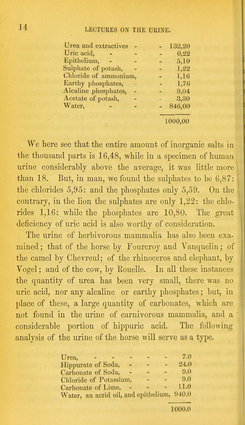 LECTURES ON THE URINE. Urea and extractives - Uric acid, Epithelium, Sulphate of potash, Chloride of ammonium, Earthy phosphates, Alcaliue phosphates, - Acetate of potash. Water, - 132,20 - 846,00 0,22 5,10 1,22 1,16 1,76 9,04 3,30 1000,00 We here see that the entire amount of inorganic salts in the thousand parts is 16,48, while in a specimen of human urine considerably above the average, it was little more than 18. But, in man, we found the sulphates to be 6,87: the chlorides 5,95: and the phosphates only 5,59. On the contrary, in the lion the sulphates are only 1,22: the chlo- rides 1,16: while the phosphates are 10,80. The great deficiency of uric acid is also Avorthy of consideration. The urine of herbivorous mammalia has also been exa- mined ; that of the horse by Fourcroy and Vanquelin; of the camel by Chevreul; of the rhinoceros and elephant, by Vogel; and of the cow, by Rouelle. In all these instances the quantity of urea has been very small, there was no uric acid, nor any alcaline or earthy phosphates; but, in place of these, a large quantity of carbonates, which are \ not found in the urine of carnivorous mammalia, and a | considerable portion of hippuric acid. The following analysis of the urine of the horse will serve as a type. Urea, 7.0 Hippurate of Soda, - - - 24.0 Carbonate of Soda, - - - 9.0 Cliloride of Potassium, - - 9.0 Carbonate of Lime, - - - H-O Water, an acrid oil, and epithelium, 940.0 1000.0