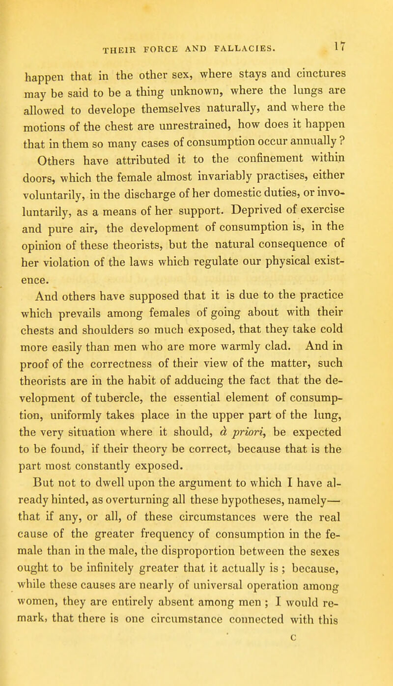 happen that in the other sex, where stays and cinctures may be said to be a thing unknown, where the lungs are allowed to develope themselves naturally, and where the motions of the chest are unrestrained, how does it happen that in them so many cases of consumption occur annually ? Others have attributed it to the confinement within doors, which the female almost invariably practises, either voluntarily, in the discharge of her domestic duties, or invo- luntarily, as a means of her support. Deprived of exercise and pure air, the development of consumption is, in the opinion of these theorists, but the natural consequence of her violation of the laws which regulate our physical exist- ence. And others have supposed that it is due to the practice which prevails among females of going about with their chests and shoulders so much exposed, that they take cold more easily than men who are more warmly clad. And in proof of the correctness of their view of the matter, such theorists are in the habit of adducing the fact that the de- velopment of tubercle, the essential element of consump- tion, uniformly takes place in the upper part of the lung, the very situation where it should, d priori, be expected to be found, if their theory be correct, because that is the part most constantly exposed. But not to dwell upon the argument to which I have al- ready hinted, as overturning all these hypotheses, namely— that if any, or all, of these circumstances were the real cause of the greater frequency of consumption in the fe- male than in the male, the disproportion between the sexes ought to be infinitely greater that it actually is ; because, while these causes are nearly of universal operation among women, they are entirely absent among men ; I would re- mark, that there is one circumstance connected with this c