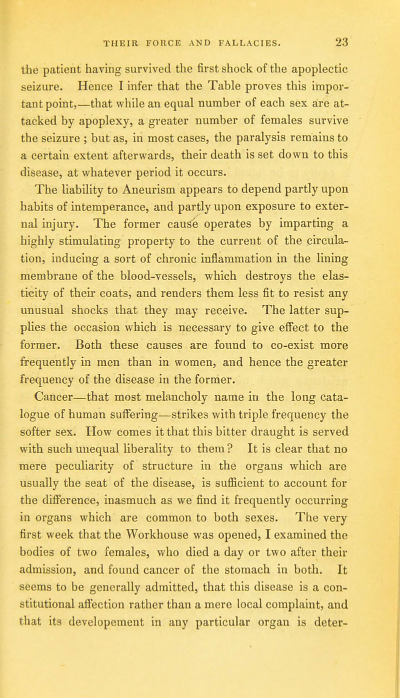 the patient having survived the first shock of the apoplectic seizure. Hence I infer that the Table proves this impor- tant point,—that while an equal number of each sex aire at- tacked by apoplexy, a greater number of females survive the seizure ; but as, in most cases, the paralysis remains to a certain extent afterwards, their death is set down to this disease, at whatever period it occurs. The liability to Aneurism appears to depend partly upon habits of intemperance, and partly upon exposure to exter- nal injury. The former cauS^e operates by imparting a highly stimulating property to the current of the circula- tion, inducing a sort of chronic inflammation in the lining membrane of the blood-vessels, which destroys the elas- ticity of their coats, and renders them less fit to resist any unusual shocks that they may receive. The latter sup- plies the occasion which is necessary to give effect to the former. Both these causes are found to co-exist more frequently in men than in women, and hence the greater frequency of the disease in the former. Cancer—that most melancholy name in the long cata- logue of human suffering—strikes with triple frequency the softer sex. How comes it that this bitter draught is served with such unequal liberality to them ? It is clear that no mere peculiarity of structure in the organs which are usually the seat of the disease, is sufl&cient to account for the diflPerence, inasmuch as we find it frequently occurring in organs which are common to both sexes. The very first week that the Workhouse was opened, I examined the bodies of two females, who died a day or two after their admission, and found cancer of the stomach in both. It seems to be generally admitted, that this disease is a con- stitutional affection rather than a mere local complaint, and that its developement in any particular organ is deter-
