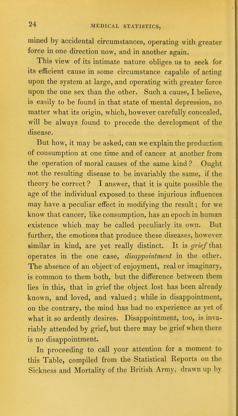 rained by accidental circumstances, operating with greater force in one direction now, and in another again. This view of its intimate nature obliges us to seek for its efficient cause in some circumstance capable of acting upon the system at large, and operating with greater force upon the one sex than the other. Such a cause, I believe, is easily to be found in that state of mental depression, no matter what its origin, which, however carefully concealed, will be always found to precede the development of the disease. But how, it may be asked, can we explain the production of consumption at one time and of cancer at another from the operation of moral causes of the same kind ? Ought not the resulting disease to be invariably the same, if the theory be correct ? I answer, that it is quite possible the age of the individual exposed to these injurious influences may have a peculiar effect in modifying the result; for we know that cancer, like consumption, has an epoch in human existence which may be called peculiarly its own. But further, the emotions that produce these diseases, however similar in kind, are yet really distinct. It is grief that operates in the one case, disappointment in the other. The absence of an object of enjoyment, real or imaginary, is common to them both, but the difference between them lies in this, that in grief the object lost has been already known, and loved, and valued; while in disappointment, on the contrary, the mind has had no experience as yet of what it so ardently desires. Disappointment, too, is inva- riably attended by grief, but there may be grief when there is no disappointment. In proceeding to call your attention for a moment to this Table, compiled from the Statistical Reports on the Sickness and Mortality of the British Army, drawn up by