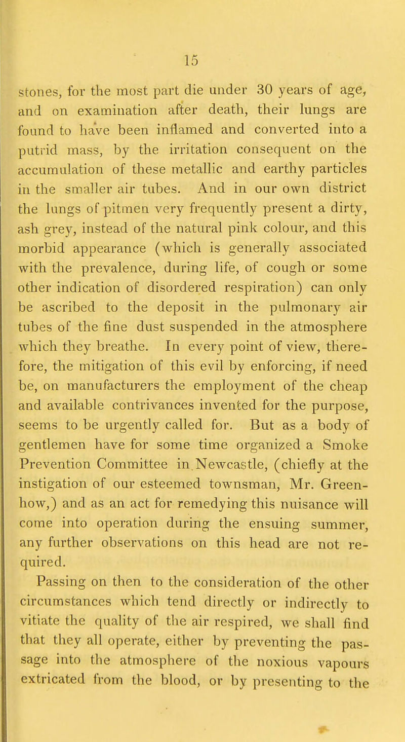 stones, for the most part die under 30 years of age, •tind on examination after death, their lungs are found to have been inflamed and converted into a putrid mass, by the irritation consequent on the accumulation of these metallic and earthy particles in the smaller air tubes. And in our own district the lungs of pitmen very frequently present a dirty, ash grey, instead of the natural pink colour, and this morbid appearance (which is generally associated with the prevalence, during life, of cough or some other indication of disordered respiration) can only be ascribed to the deposit in the pulmonary air tubes of the fine dust suspended in the atmosphere which they breathe. In every point of view, there- fore, the mitigation of this evil by enforcing, if need be, on manufacturers the employment of the cheap and available contrivances invented for the purpose, seems to be urgently called for. But as a body of gentlemen have for some time organized a Smoke Prevention Committee in.Newcastle, (chiefly at the instigation of our esteemed townsman, Mr. Green- how,) and as an act for remedying this nuisance will come into operation during the ensuing summer, any further observations on this head are not re- quired. Passing on then to the consideration of the other circumstances which tend directly or indirectly to vitiate the quaUty of the air respired, we shall find that they all operate, either by preventing the pas- sage into the atmosphere of the noxious vapours extricated from the blood, or by presenting to the