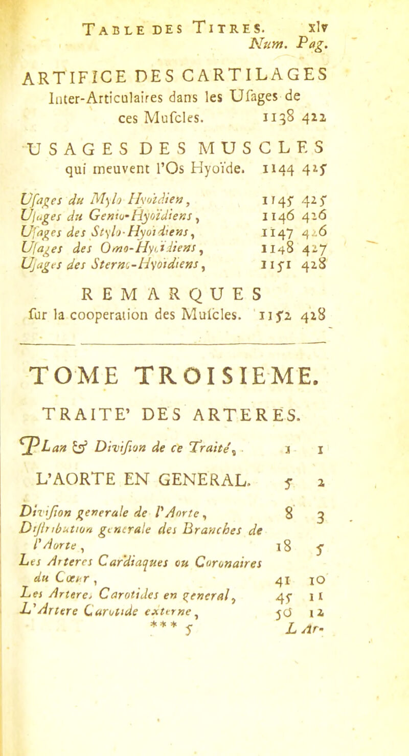 Num. Pag. ARTIFICE DES CARTILAGES luter-Articulaires dans les Ufages de ces Mufclss. 11^8 412 USAGES DES MUSCLES qui meuvent l'Os Hyoïde. 1144 4if Ufasses du Mylo HyàcUeu, 1145 42 5' Ujuges du Gemu-Hyoïdiens ^ II46 416 Ufrtges des St\l9-Hyojdiens, I ï47 4 .^6 Ufages des Oino-Hyadiens ^ II48 4^7 Uj agts des S terni-H\'oidiens, 115-1428 REMARQUES fur la coopération des Mulcles. iifz 428 TOME TROISIEME. TRAITE' DES ARTERES. ^jPLan y Diiifion de ce Traite\ 3 I L'AORTE EN GENERAL. 5 a Dïvijjon générale de PAnrte, 8 3 D'jbibutiofi gcKcrale des Branches de l'/iurte, 18 5 Les /irtercs Cardia^ues ou Coronaires du Cœi-r, 41 lO Les Artère^ Carotides en gênerai^ 45* il L^Artère Car</tide extirne^ jo iz, *** 5 LAf'