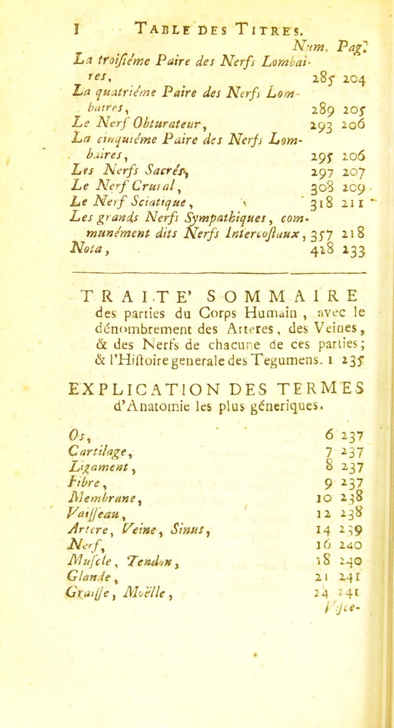La iroifiéme Paire des Nerfs Lombai- res, ^ 285* Z04 La quatrième Paire des Nerfi Lom batres^ 289 205- Le Nerf Ohiuratetir, 293 206 La cttiijute'me Paire des Nerfs Lom- bûires ^ 295 106 Lts Nerfs Sacre's^f 297 207 Le Nerf Cruiûl^ 30S 209 • Le Neif Sciattcjue ^ \ 318 211' Les grunis Nerfs Sympathiques, corn' munément dits Nerfs Inierioftaux ^ 35-7 218 Nota, 428 233 TRAITE' SOMMAIRE des parties du Corps Humain , avec le dénombrement des Artt^res, des Veines, & des Nerfs de chacure de ces parties; & l'Hiftoire générale des Tegumens. i 235 EXPLICATION DES TERMES d'Anatoinie les plus génériques. Os, '6 237 Cartilage, 7 ^37 Ligament, 8 237 fi'hre, 9 237 Membrane, lO i-jS Vailjeau, ' 12 23S Âmre, [^ei»e, Sinus^ 14 2^9 i\^cr/, 16 240 JMufcle, Tead'jHy iS 240 Glan.ie, 21 241 Gruilje ^ Muëlle, 24 Ht VjLe-